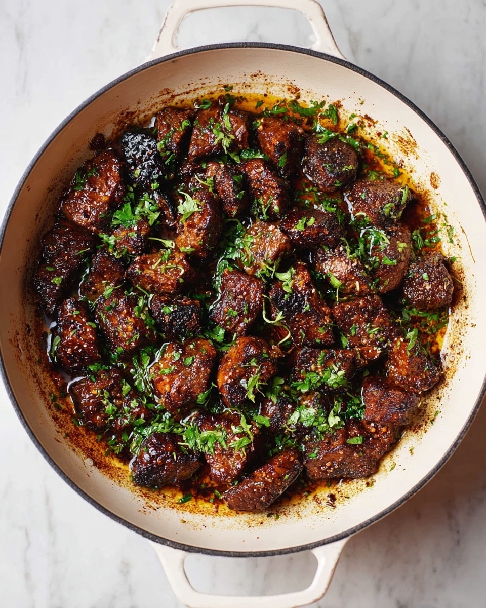 A white pan is filled with many small, browned meat pieces cooked in oil, creating a shiny, dark golden surface. The meat pieces have a rich, deep brown color with some blackened edges, showing they are well cooked. On top of the meat, small bright green chopped herbs are spread evenly, adding a fresh contrast. The pan has two handles on each side and sits on a white marbled surface. photo taken with an iphone --ar 4:5 --v 7