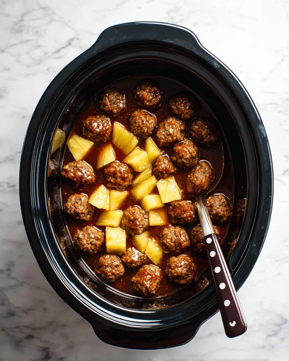 The image shows a black slow cooker filled with two layers: the first layer is a dark brown sauce, and the second layer has round, browned meatballs scattered evenly with chunks of bright yellow pineapple pieces mixed in. A silver spoon with a dark handle featuring three white dots rests inside the slow cooker on the right side. The whole setup is on a white marbled surface. Photo taken with an iphone --ar 4:5 --v 7