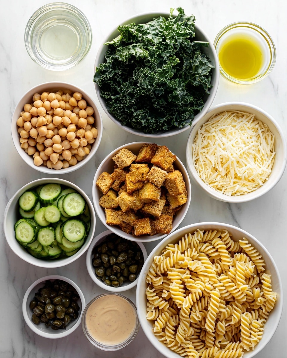 The image shows nine bowls and small glass cups arranged on a white marbled surface. The largest white bowl at the bottom right holds pale yellow rotini pasta with a spiral shape. To its left, another large white bowl is filled with dark green chopped kale. Above the kale sits a medium white bowl full of golden brown croutons with a crunchy texture. Next to the croutons, a medium white bowl contains light brown chickpeas. In the middle left, a medium white bowl is filled with cucumber slices that are dark green on the edges and pale green inside. Above it, the small white bowl contains dark green capers. To the right of the capers, another small white bowl is packed with light beige shaved Parmesan cheese. There is a small glass cup with a clear liquid to the left and a small glass cup with olive oil to the right. A medium white bowl holds a creamy tan dressing, listed second from the left. Photo taken with an iphone --ar 4:5 --v 7