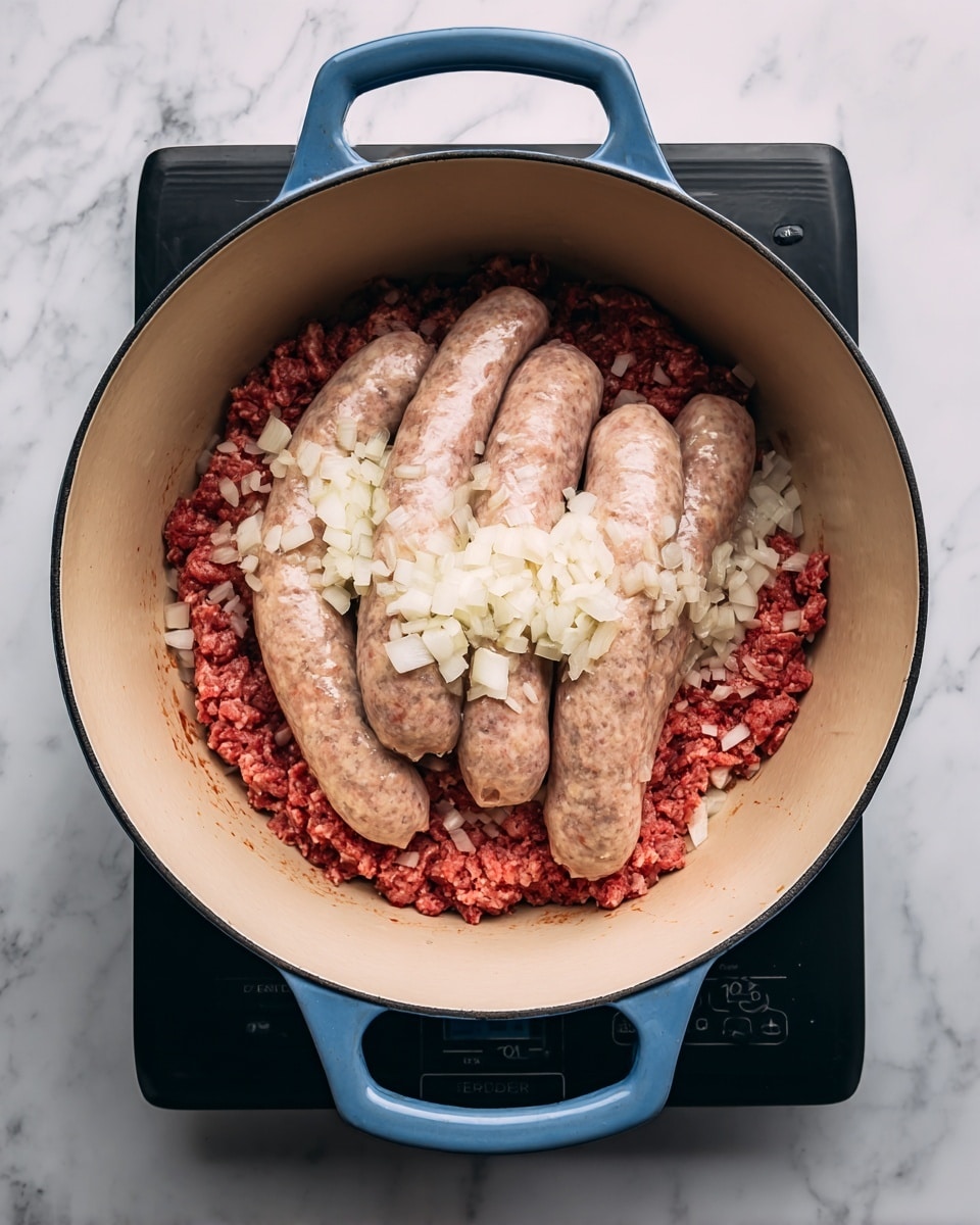 A beige cast iron pot with blue handles sits on a black electric stove with buttons visible on the front. Inside the pot, there are two main layers: the bottom layer is raw red ground meat, and the top layer consists of peeled, finely chopped white onions scattered over the meat. Resting on top of the onions and ground meat are six uncooked pink sausages, arranged in a loose cluster. The whole scene is set on a white marbled surface. photo taken with an iphone --ar 4:5 --v 7