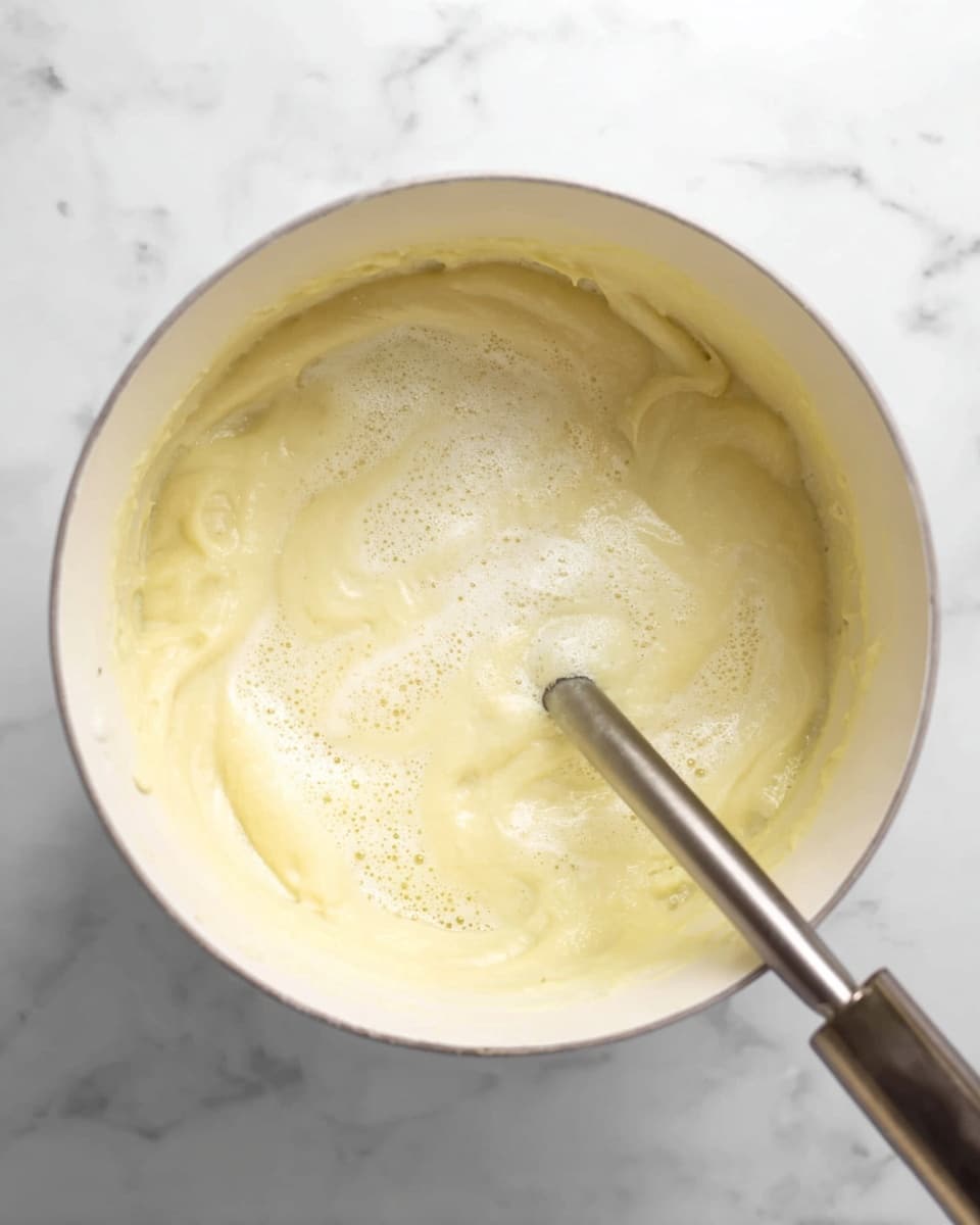 A light yellow creamy mixture is being blended in a large white pot with a smooth, shiny texture. The mixture shows soft foam and bubbles mostly in the center around the silver blender stick. The edges of the creamy mixture are thicker and slightly clumped, showing smooth swirls and gentle waves. The pot is placed on a white marbled surface with fine gray veins. photo taken with an iphone --ar 4:5 --v 7