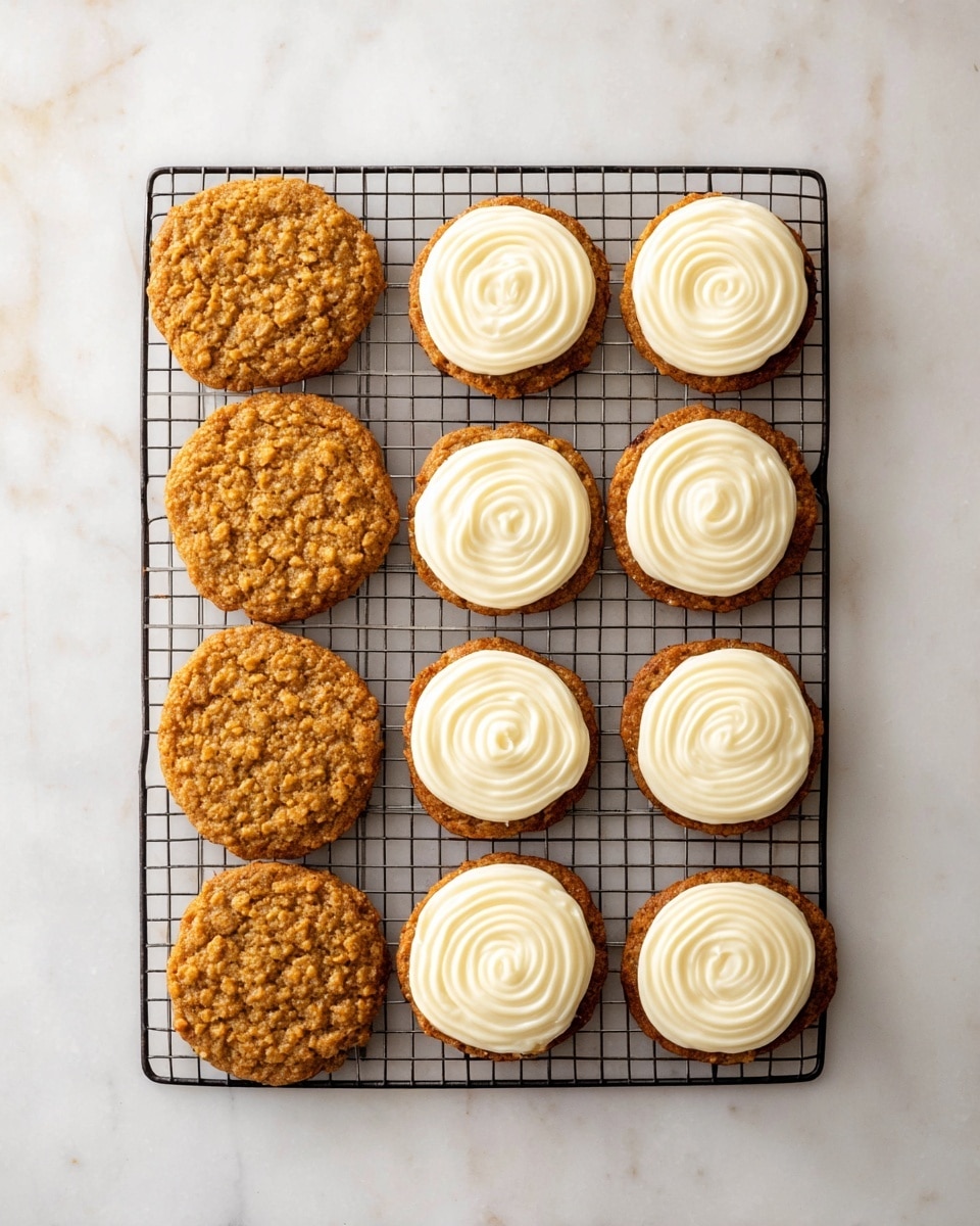 Eight cookies are laid out neatly on a black metal cooling rack, which sits on a white marbled surface. On the left side, there are four plain golden-brown oatmeal cookies with a rough, textured surface. On the right side, there are four golden-brown cookies each topped with a smooth layer of white cream frosting spread in a spiral pattern. The cookies are evenly spaced in two straight vertical rows. photo taken with an iphone --ar 4:5 --v 7
