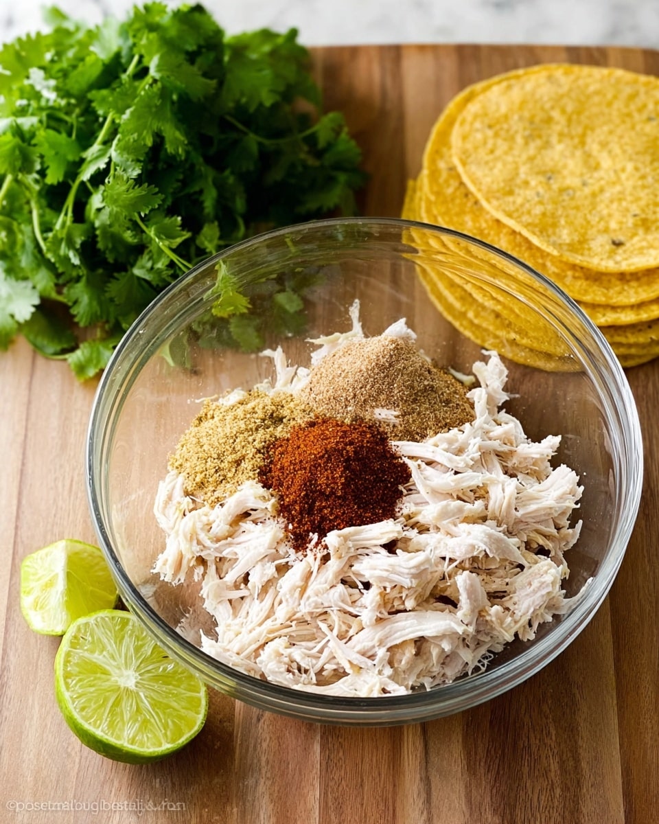 A clear glass bowl holds a layer of shredded white meat topped with three piles of spices in brown, light brown, and reddish hues, positioned on the right side of the meat. Around the bowl, a peeled lime sliced in half rests on a wooden surface, with a bunch of fresh green cilantro leaves above and four yellow corn tortillas stacked on the right side. The background is a white marbled texture photo taken with an iphone --ar 4:5 --v 7