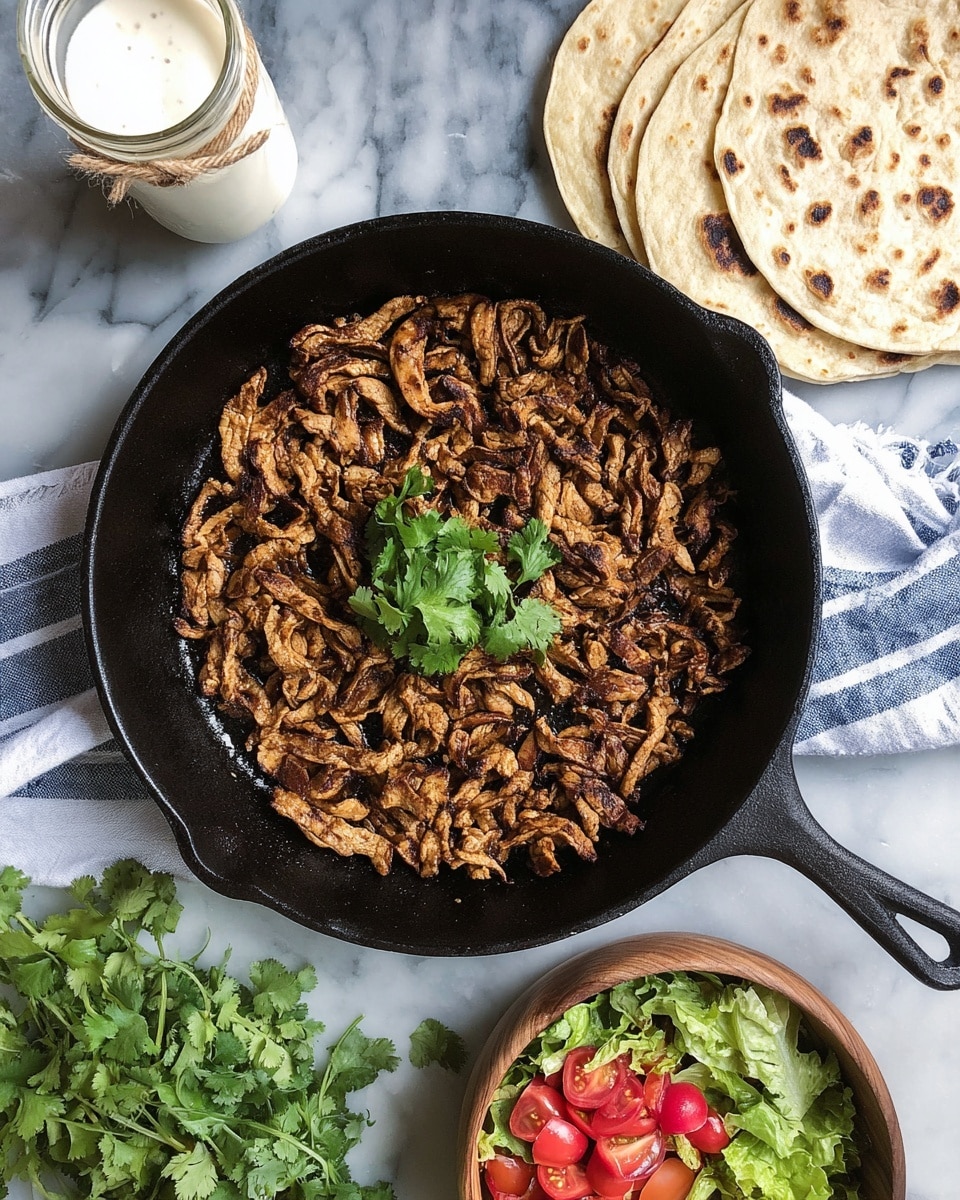 A black cast iron skillet sits in the center filled with cooked, small, brown, thin strips of meat with a slightly crispy texture, topped with a small bunch of fresh green cilantro in the middle. To the right, a stack of round flatbreads with browned spots rests on white marbled surface. Below the skillet, a white and blue striped cloth is partially visible. In the lower-left corner, a bunch of fresh green cilantro leaves lies on the white marbled surface. To the bottom right, a wooden bowl contains a fresh salad made of bright green chopped lettuce, red halved cherry tomatoes, and thin slices of purple onion. A glass jar with a white creamy sauce tied with a small brown string is placed on the upper left on the white marbled surface. photo taken with an iphone --ar 4:5 --v 7