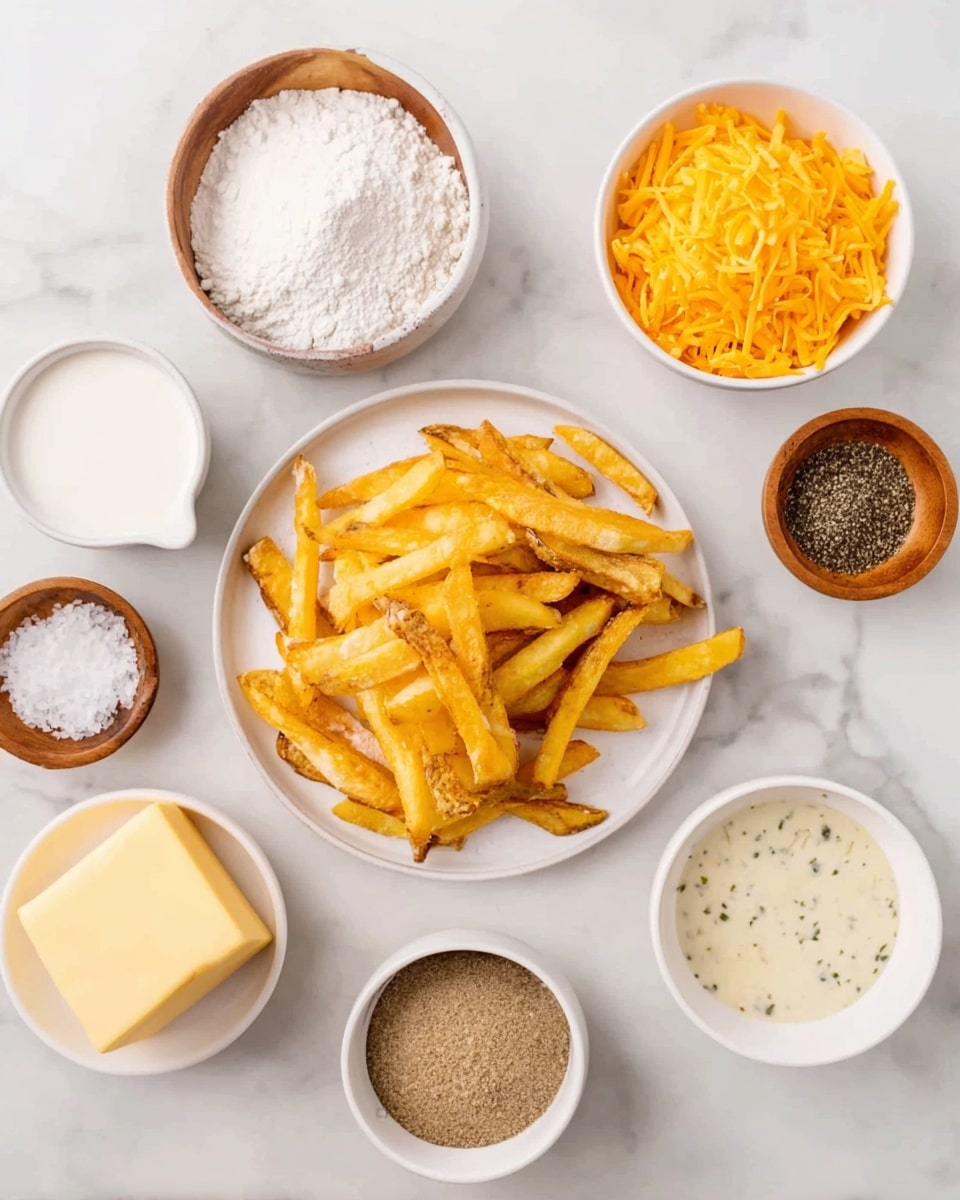 The image shows a top view of nine small white bowls arranged on a white marbled surface. In the center bottom is a white plate piled with golden yellow fried potato fries with some crispy darker spots. Around this plate, moving clockwise from the bottom left, there is a small brown wooden bowl of coarse white salt, a white bowl of a white liquid, a white bowl filled with white flour, a white bowl with a creamy sauce peppered with small green herbs, a white triangular bowl with light brown sugar, a white bowl holding a cube of pale yellow butter, and another small brown wooden bowl with coarse black pepper. In the center near the top, there is a white bowl full of shredded bright orange cheddar cheese. The image is bright and clear with soft shadows, photo taken with an iphone --ar 4:5 --v 7