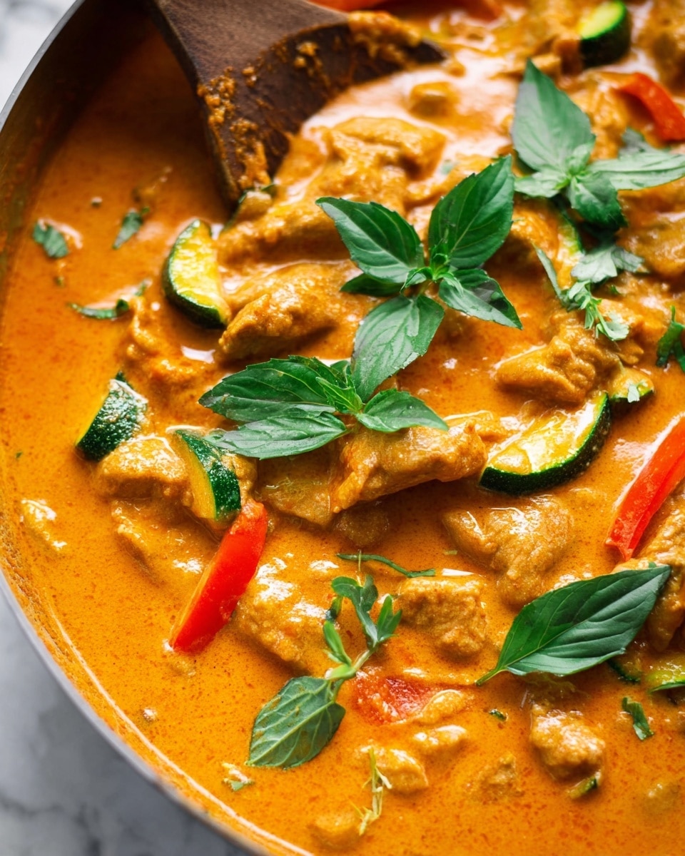 This image shows a close-up of a creamy orange curry with several layers. The bottom layer is a thick, smooth sauce in a bright orange color, covering the whole dish. On top of the sauce, there are soft pieces of light brown meat and sliced green zucchini with a slightly shiny texture. Scattered across are small, thin slices of red bell pepper, adding a pop of color. The dish is garnished with fresh green herbs, including flat cilantro leaves and whole basil leaves, which add contrast and texture. A wooden spatula partially covered in the sauce rests in the dish. The background is a white marbled texture. photo taken with an iphone --ar 4:5 --v 7
