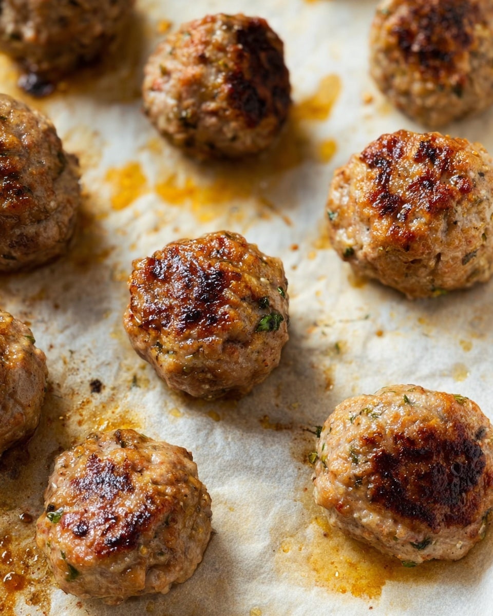 The image shows a close-up of nine small round meatballs on a piece of parchment paper. The meatballs are golden brown with some darker, crispy spots, and you can see small bits of herbs and spices within the meat. The parchment paper underneath has light brown oil stains and little burnt spots around the meatballs. The texture of the meatballs looks slightly rough and uneven. The background is a white marbled texture. photo taken with an iphone --ar 4:5 --v 7