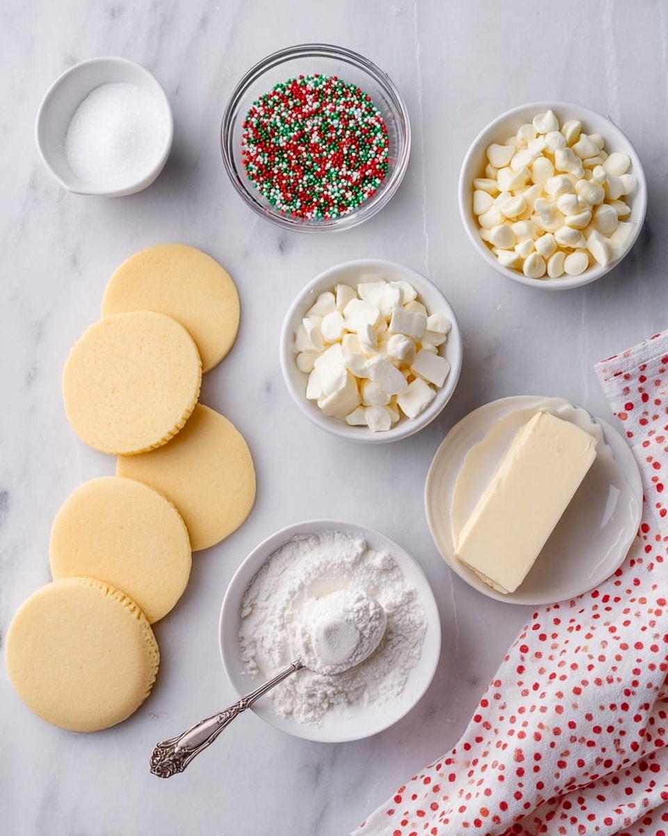 The image shows several key baking ingredients laid out on a white marbled surface. There are four round, flat cookie layers with a pale yellow color placed in small groups on the left side. To the right, there are small white bowls: one with powdered sugar, one with a block of cream cheese, one filled with white chocolate chips, and one with a stick of butter. There is a small white plate with vanilla extract and a silver spoon holding a scoop of white solid fat, likely shortening, in the center. Above the ingredients, a small glass bowl holds red, green, and white round sprinkles. A white cloth with red polka dots is partially visible in the lower right corner. photo taken with an iphone --ar 4:5 --v 7