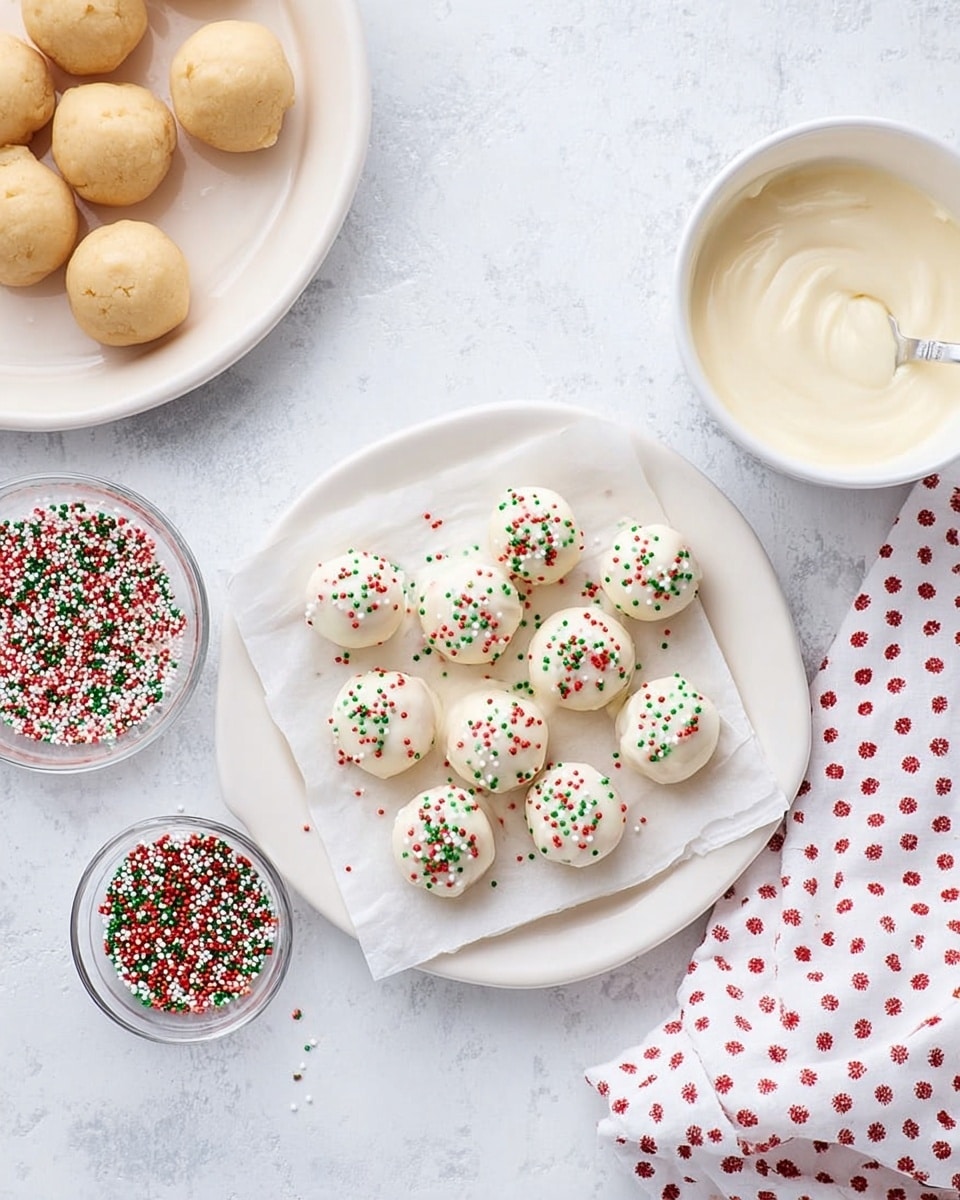 A white round plate is topped with a square piece of parchment paper holding fifteen small, round white balls coated in smooth white icing, each sprinkled with tiny red, green, and white round sprinkles. Above and to the right is a white bowl filled with creamy white icing, while above to the left is a white plate with a dozen light brown round dough balls. Near the perforated balls, a small clear glass bowl of the same red, green, and white sprinkles sits on a white marbled background textured surface. A white cloth with small red polka dots lies to the right edge. photo taken with an iphone --ar 4:5 --v 7
