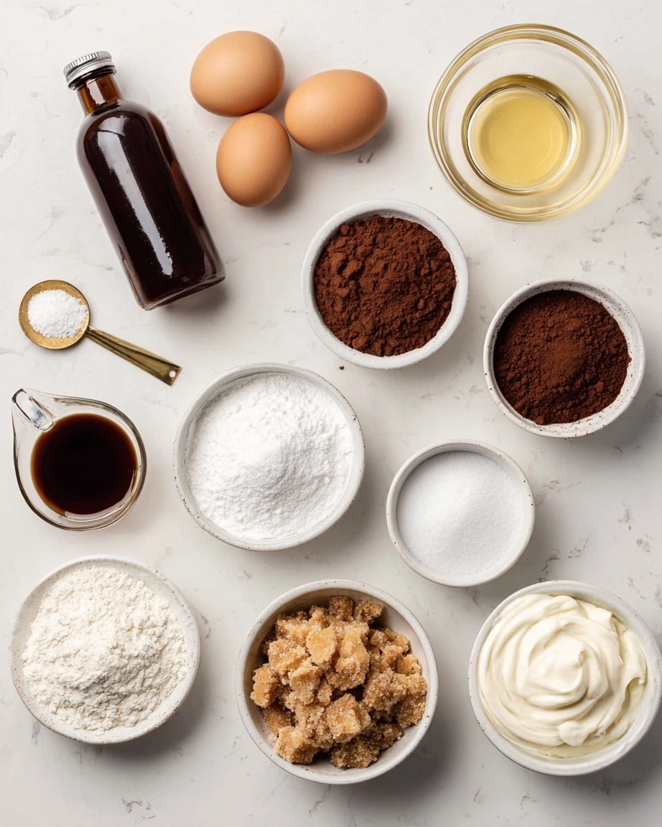 A white marbled surface holds an arrangement of baking ingredients: two brown eggs placed side by side near the center left, a dark brown bottle above them, and a clear glass cup filled with a light yellow liquid just to the right of the bottle. Surrounding these are eight small white bowls and dishes each containing different ingredients: one with rich dark brown powder near the top center, below it another with a lighter brown powder, a bowl with white powdered sugar and another bowl with baking soda close by. On the bottom left is a small gold measuring spoon filled with white salt. To the right, there is a white bowl full of crumbled light brown sugar and another white bowl with white flour grains. A small white bowl holding thick cream with a smooth texture sits near the top right. Near the bottom left corner, a clear measuring cup contains dark maple syrup. All ingredients are neatly placed in an organized pattern, emphasizing their natural colors and textures, photo taken with an iphone --ar 4:5 --v 7