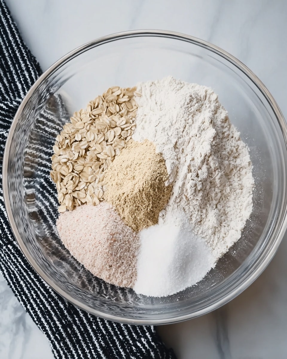 A clear glass bowl sits on a white marbled surface, filled with six separate dry ingredients before mixing. Starting from the left, there is a small pile of light beige rolled oats, next to it a heap of pale pink salt, then a mound of light brown yeast in the center, surrounded by white flour on the right side and a smaller amount of white sugar in the bottom right corner. The bowl lines create a subtle striped pattern showing through the ingredients. A black-and-white striped cloth peeks from beneath the bowl on the left and right sides. Photo taken with an iphone --ar 4:5 --v 7