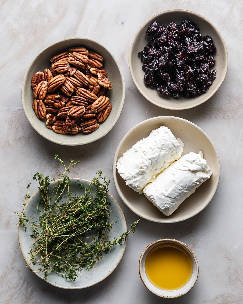 The image shows five small white bowls arranged on a white marbled surface. The top left bowl is filled with rich brown pecans, their grooved texture clearly visible. To the right, a bowl holds deep black dried berries with a wrinkled texture. Below these, two white soft cheese logs with crumbly edges sit in the center bowl, showing a smooth but slightly uneven surface. On the bottom left, a bowl is filled with fresh green thyme sprigs with thin, leafy stems. Finally, a small bowl on the bottom right contains a golden liquid honey with a shiny, smooth surface. The arrangement is clean and bright, highlighting the natural textures and colors of the ingredients photo taken with an iphone --ar 4:5 --v 7