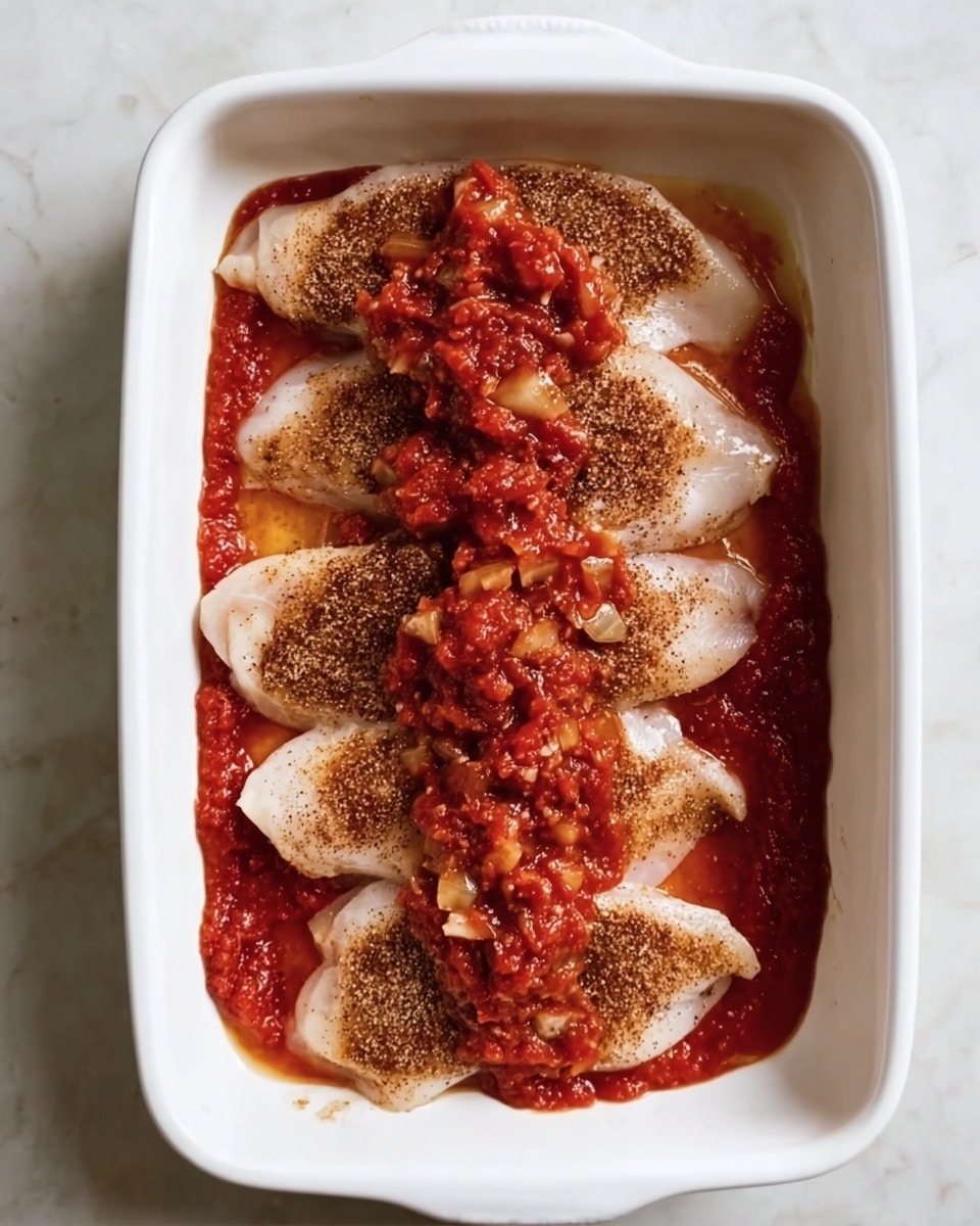 A white rectangular baking dish holds six pieces of light beige raw chicken laid flat in two vertical rows. The bottom layer is a thick, bright red chunky tomato sauce spread evenly at the base. The chicken pieces are sprinkled with a dark brown spice or seasoning that covers most of the surface. On top, more of the chunky tomato sauce is piled in the center, flowing vertically with visible pieces of onion or garlic. The whole scene rests on a white marbled surface. photo taken with an iphone --ar 4:5 --v 7