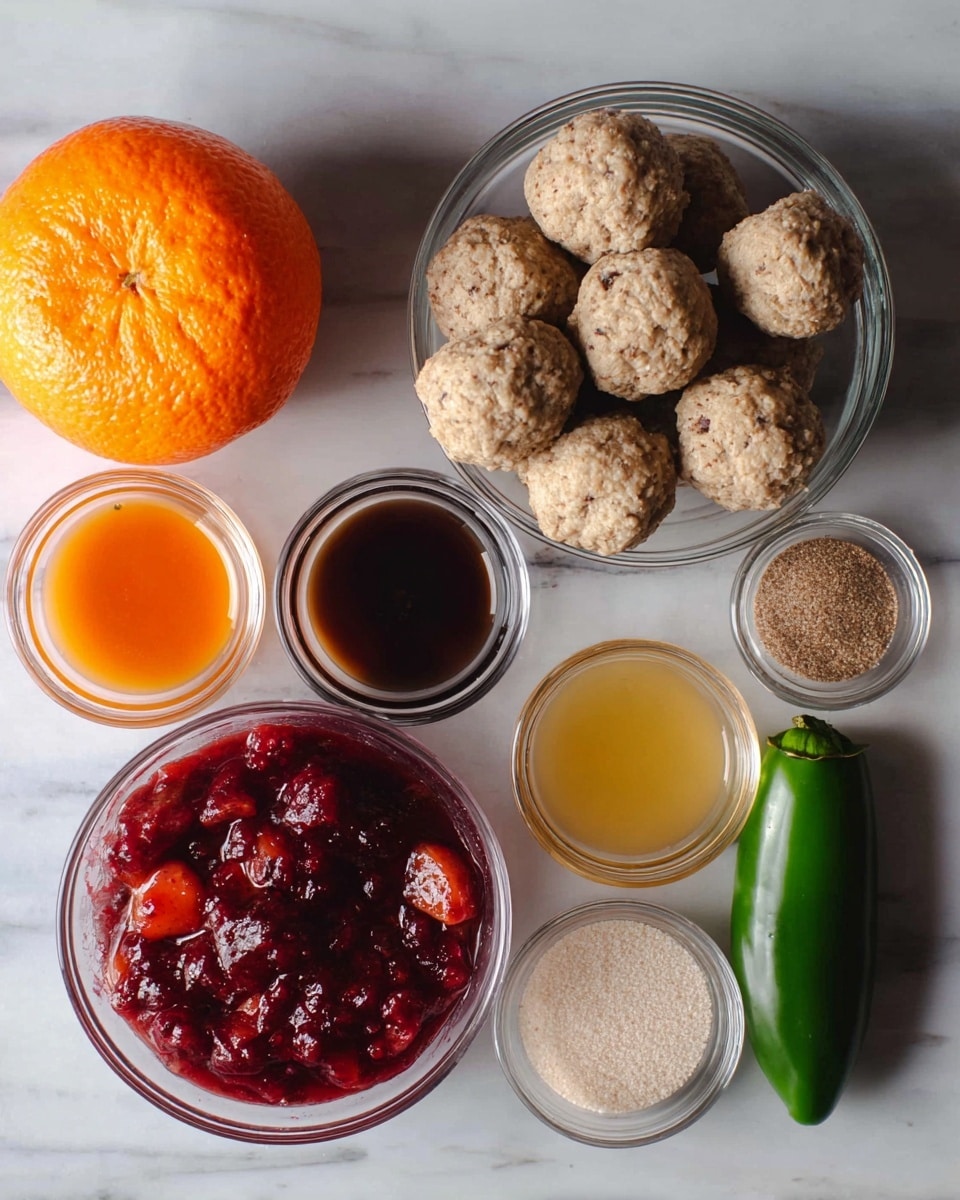 A collection of ingredients arranged on a white marbled surface, featuring a clear bowl filled with round beige meatballs clustered tightly, next to another clear bowl holding a deep red chunky sauce with visible pieces of fruit or vegetables. Below these bowls, there is a whole bright orange fruit on the left side and a fresh green jalapeño pepper on the right. In the middle row, from left to right, there are four small clear bowls containing a dark brown liquid, orange sauce, light brown granulated sugar, and a pale yellow liquid, all evenly spaced in a neat line. Photo taken with an iphone --ar 4:5 --v 7