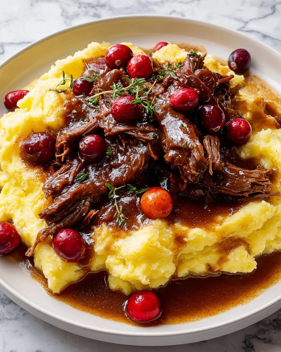 On a white plate sits a bed of soft, yellow mashed potatoes with a creamy texture, spread out unevenly as the base layer. On top, there are several pieces of dark brown, shredded meat covered in a thick, glossy brown gravy with visible chunks, giving a rich texture. Scattered over the meat and mashed potatoes are bright red whole cranberries, and a halved cranberry with a smooth surface is placed towards the side. Tiny green sprigs of herbs are sprinkled over the dish, adding a fresh touch. The plate rests on a white marbled surface. Photo taken with an iphone --ar 4:5 --v 7
