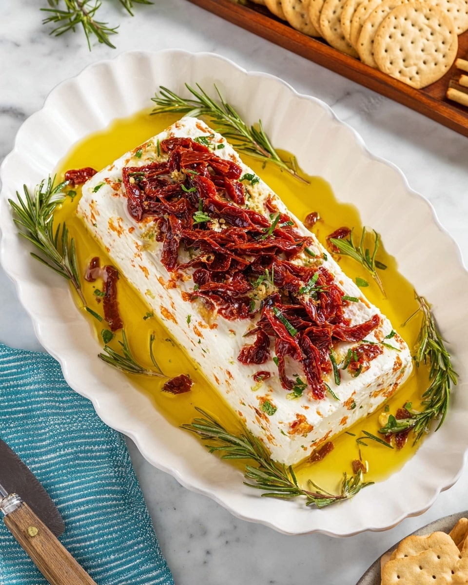 A rectangular block of creamy white cheese spread mixed with orange and green specks sits in the middle of a white scalloped plate, topped with a thick layer of deep red, dried sun-dried tomato strips and scattered small green herb leaves. Around the block is a pool of golden olive oil, with fresh green rosemary sprigs placed on top and around the edges. The plate rests on a white marbled surface, with a wooden tray of light-colored breadsticks and round crackers nearby, and a blue and white cloth napkin with a silver cheese knife partially visible at the bottom left corner. photo taken with an iphone --ar 4:5 --v 7