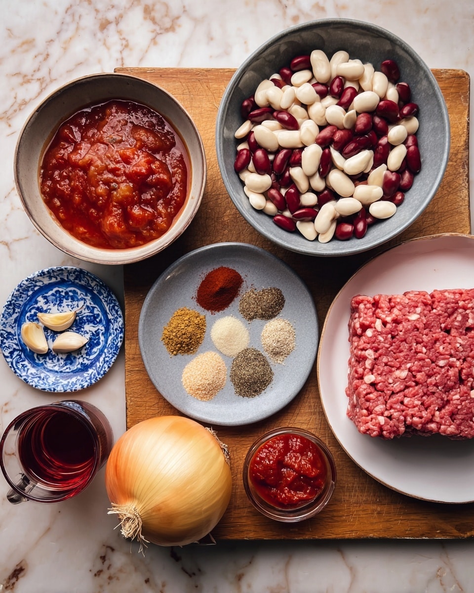 The image shows a neatly arranged set of ingredients on a wooden board placed on a white marbled surface. At the top right, a bowl filled with white and red kidney beans sits next to a bowl of chunky red tomato sauce on the left. Below the beans is a blue and white patterned small plate holding five garlic cloves. In the center is a gray bowl with six different spices, each with a distinct color ranging from brown, red, beige, to white in small piles. To the left of the spices is a small white bowl with red tomato paste. Below the spices is a whole yellow onion with dry skin. At the bottom right, a white plate holds a block of raw ground meat with visible fat specks. Lastly, at the bottom left corner sits a glass cup filled with a dark reddish-brown liquid. Photo taken with an iphone --ar 4:5 --v 7