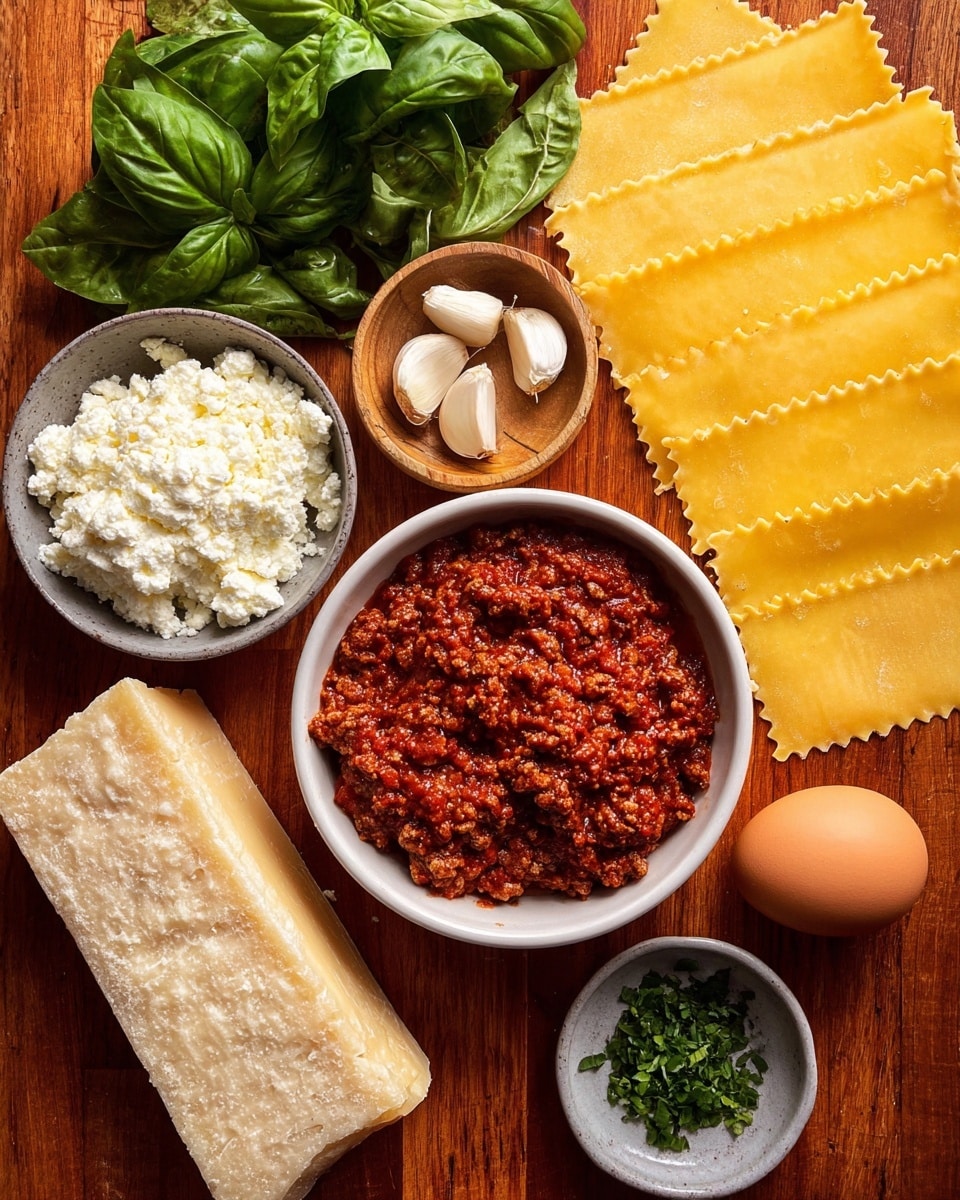 This image shows lasagna ingredients arranged on a wooden surface. There are three flat, yellow pasta sheets with ruffled edges on the right side, next to a single brown egg. Below the pasta is a white bowl filled with thick, red meat sauce. To the left of the bowl is a block of hard cheese with a textured rind. Two small gray bowls are visible, one filled with crumbly white cheese and the other with soft white cheese. At the top left, there is a bunch of fresh green basil leaves. Between the basil and pasta sheets, there is a small wooden bowl holding three garlic cloves, and beside it is a small white bowl with chopped green herbs. The photo taken with an iphone --ar 4:5 --v 7