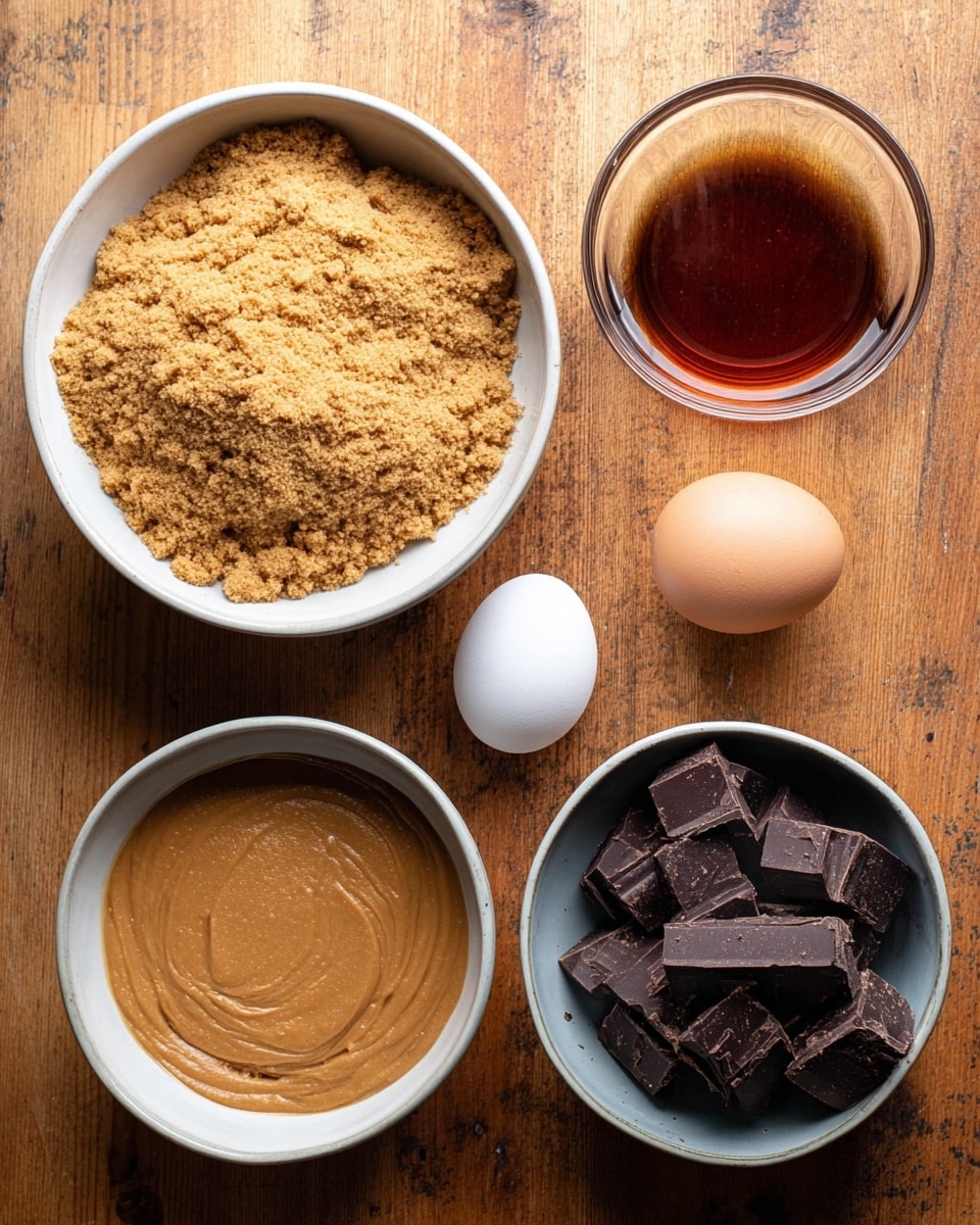 The image shows five baking ingredients arranged on a wooden surface. In the top left is a white bowl filled with light brown dry crumbs, evenly spread. To the right is a small clear glass bowl with a dark amber liquid inside. Below the crumbs is a white egg placed next to the bowl with the liquid. Below the egg, on the bottom left, there is a white bowl filled with a smooth thick light brown mixture. On the bottom right, there is a white bowl filled with dark brown chocolate chunks that have a dull finish. The photo taken with an iphone --ar 4:5 --v 7