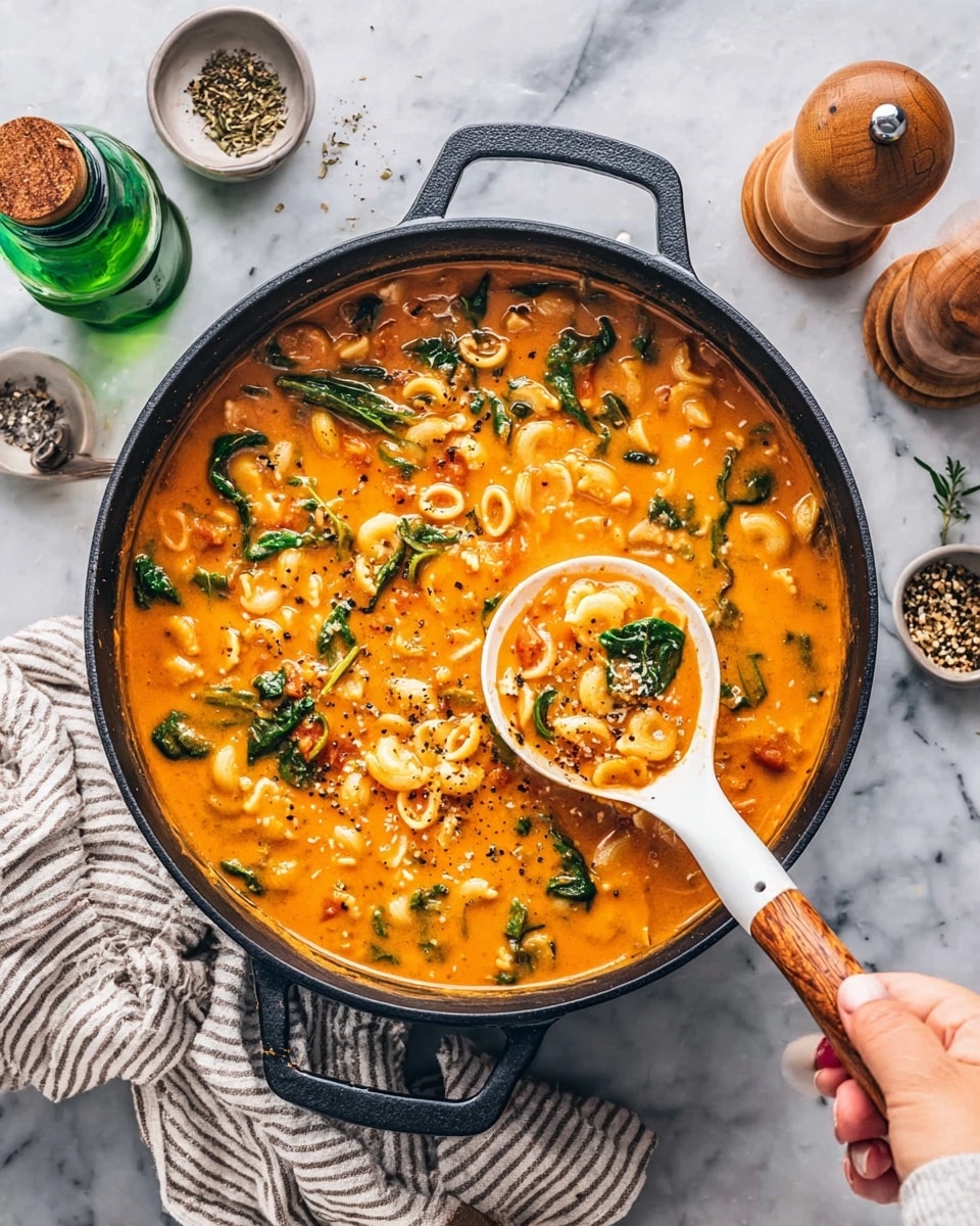 A large black pot filled with a thick orange soup that has small pieces of pasta, green spinach leaves, and bits of vegetables all mixed in. A white spoon with a wooden handle is scooping some soup from the right side of the pot, held by a woman's hand. Around the pot, there are small containers with seasonings, a green bottle with cork, a wooden pepper grinder, and a striped cloth on a white marbled surface. The sauce looks creamy with specks of black pepper and dried herbs throughout. photo taken with an iphone --ar 4:5 --v 7