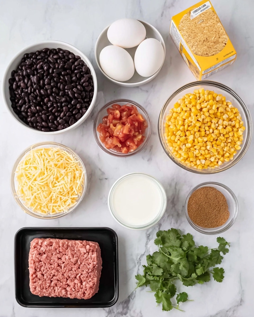 The image shows a collection of cooking ingredients placed on a white marbled surface. In the center bottom, there is a black tray with a block of raw ground meat with a pinkish tone and soft texture. Above it, in a white bowl, there are small yellow corn kernels. To the left, there is a white bowl filled with dark black beans with a smooth, shiny texture. Next to the beans, there is a small glass bowl with diced red tomatoes in a light sauce. Above the tomatoes, a small clear glass bowl holds two white eggs. In the middle, a small clear glass holds white milk. To the right of the eggs, a clear glass bowl contains a mix of shredded yellow and white cheese. Near the bottom right, a small clear glass bowl has finely ground brown seasoning powder. Fresh green cilantro leaves are at the bottom right corner. There is also a box of yellow cornbread mix at the top left corner. photo taken with an iphone --ar 4:5 --v 7