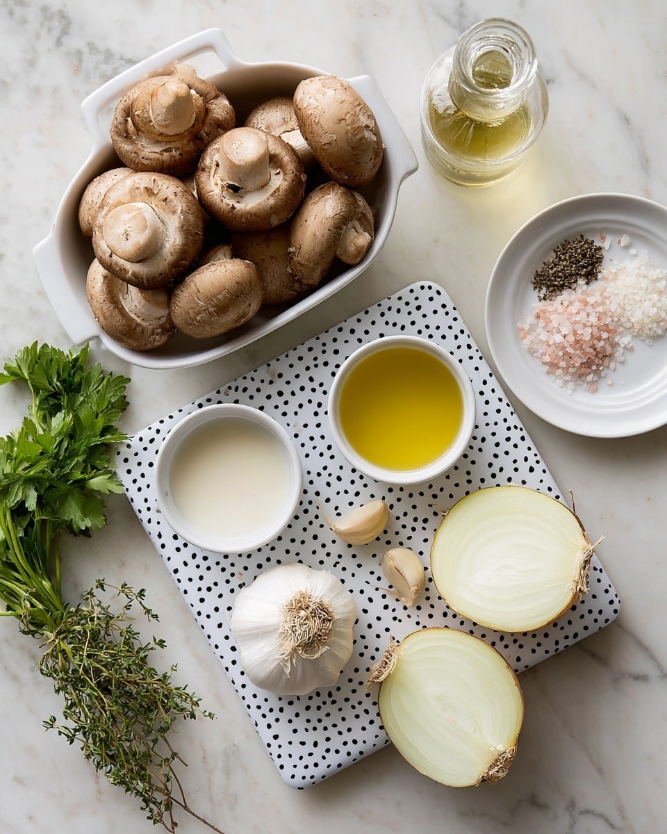 The image shows fresh cooking ingredients placed on a white marbled surface. On the top left, there is a white container filled with whole brown mushrooms, with three mushrooms placed nearby outside the container. Centered on a white cutting board with black dots are two small white bowls; the left bowl holds a light yellow liquid, and the right bowl contains a white creamy liquid. Next to the bowls is a whole garlic bulb with two peeled garlic cloves beside it. Under the bowls and garlic, there are small fresh green herb sprigs. At the bottom right, two onion halves with white flesh and light brown skin are positioned side by side. On the top right corner, there's a white plate with small piles of pink salt and black pepper side by side, and a clear glass bottle filled with a pale yellow liquid placed above the cutting board. A small bunch of fresh green parsley is placed near the bottom left corner. Photo taken with an iphone --ar 4:5 --v 7