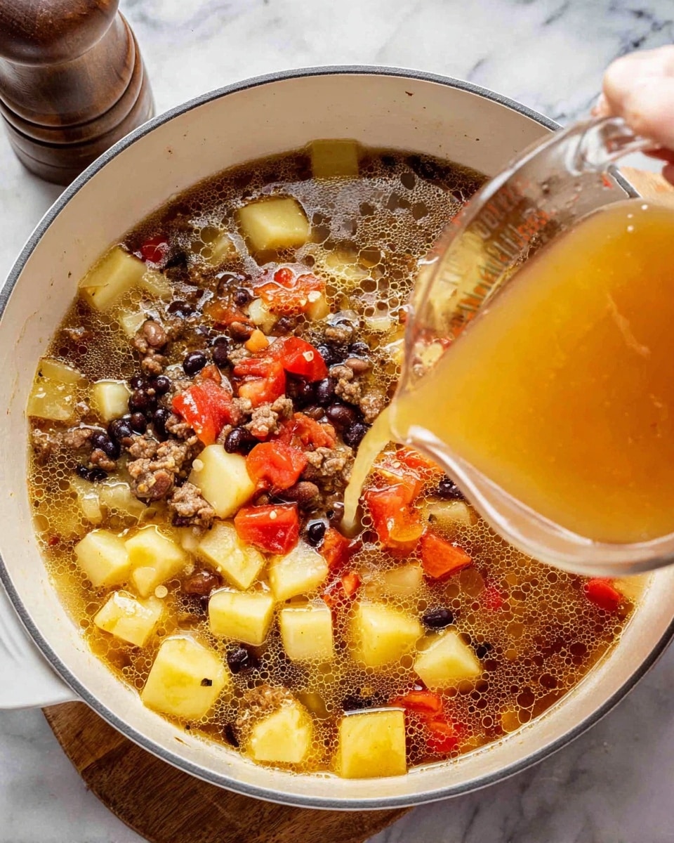 A white pan filled with a soup-like mixture showing three main layers: the bottom layer is a clear brown broth with small oil bubbles; the second layer contains chunks of light yellow potatoes and bright red pieces of tomato scattered throughout; the top layer has small dark black beans and brown ground meat mixed in. A woman's hand is pouring more broth from a clear measuring cup into the pan. The pan is sitting on a white marbled surface with a pepper grinder and a wooden board partially visible nearby. Photo taken with an iphone --ar 4:5 --v 7