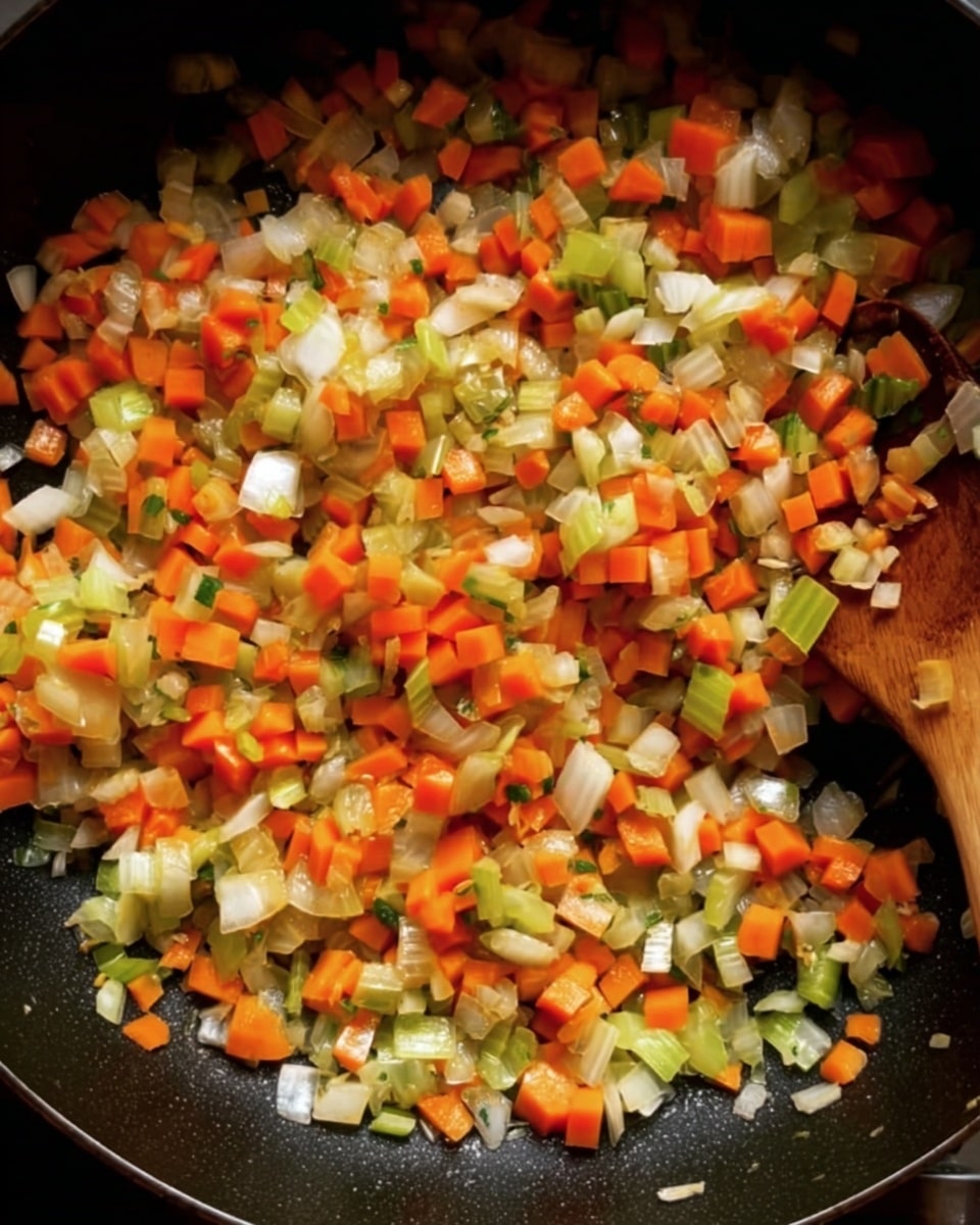 The image shows a close-up of small chopped vegetables cooking in a black pan. The vegetables include bright orange carrots, white onions, and light green celery, all evenly mixed and sautéing. The texture looks softening as the pieces are small and finely diced. A wooden spoon is partly visible on the right side, stirring the vegetables. The pan edges are black, and the colors of the vegetables stand out well against this dark background. The composition focuses tightly on the pan and its contents, showing the mix of colors and textures clearly. photo taken with an iphone --ar 4:5 --v 7