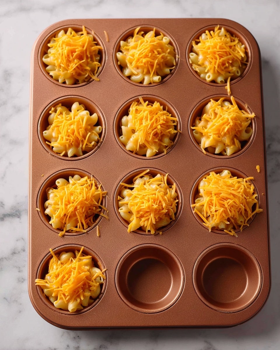 A copper-colored muffin tray with nine cups is shown on a white marbled surface, with six cups filled with layers of light yellow cooked macaroni pasta topped by a generous heap of bright orange shredded cheese. The cups are evenly spaced in a 3x3 grid, with three cups remaining empty, giving clear contrast between filled and empty spaces. The macaroni has a curved tube shape and a smooth texture while the cheese on top adds a rough, shredded appearance. photo taken with an iphone --ar 4:5 --v 7
