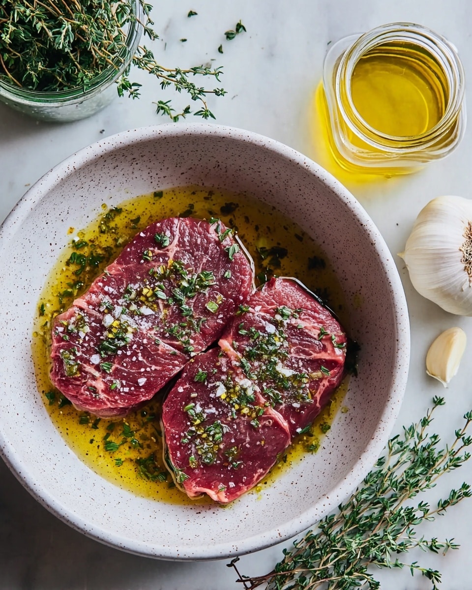 Two raw red steaks sit side by side in a shallow white bowl with a speckled texture. The steaks have light marbling of fat, and their surfaces are sprinkled with coarse sea salt and chopped green herbs. The bowl has a shallow pool of golden olive oil mixed with herbs, surrounding the steaks. To the right of the bowl, a small glass jar filled with yellow olive oil and a white garlic bulb rest on a white marbled surface. Fresh sprigs of green thyme are scattered nearby, with a small glass jar of herbs at the top left corner. Photo taken with an iphone --ar 4:5 --v 7