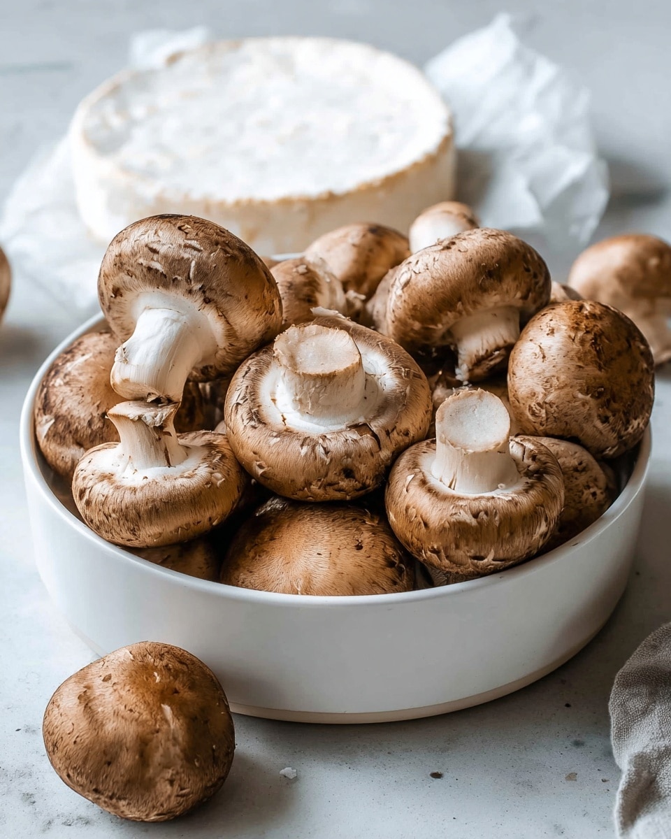 A white bowl filled with fresh whole brown mushrooms, showing a mix of mushrooms with both caps and stems visible, with a slightly rough texture and natural earthy brown color with spots. The bowl sits on a white marbled surface. In the background, there is a round wheel of soft white cheese wrapped in white paper, slightly blurred. Photo taken with an iphone --ar 4:5 --v 7