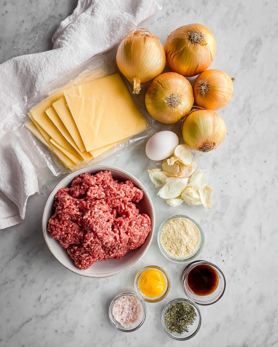 The image shows cooking ingredients neatly arranged on a white marbled surface, including a white bowl filled with red ground meat with white fat bits, five yellow onions with dry skins clustered above the bowl, a clear opened pack of several slices of light yellow cheese to the left, and small round white dishes containing light orange mustard, light yellow softened butter, a white egg, light tan breadcrumbs, two white garlic cloves, dark brown sauce in a small clear bowl, as well as small bowls with grey pepper, pink salt, and green herbs. A white cloth is gently draped in the top left corner. photo taken with an iphone --ar 4:5 --v 7