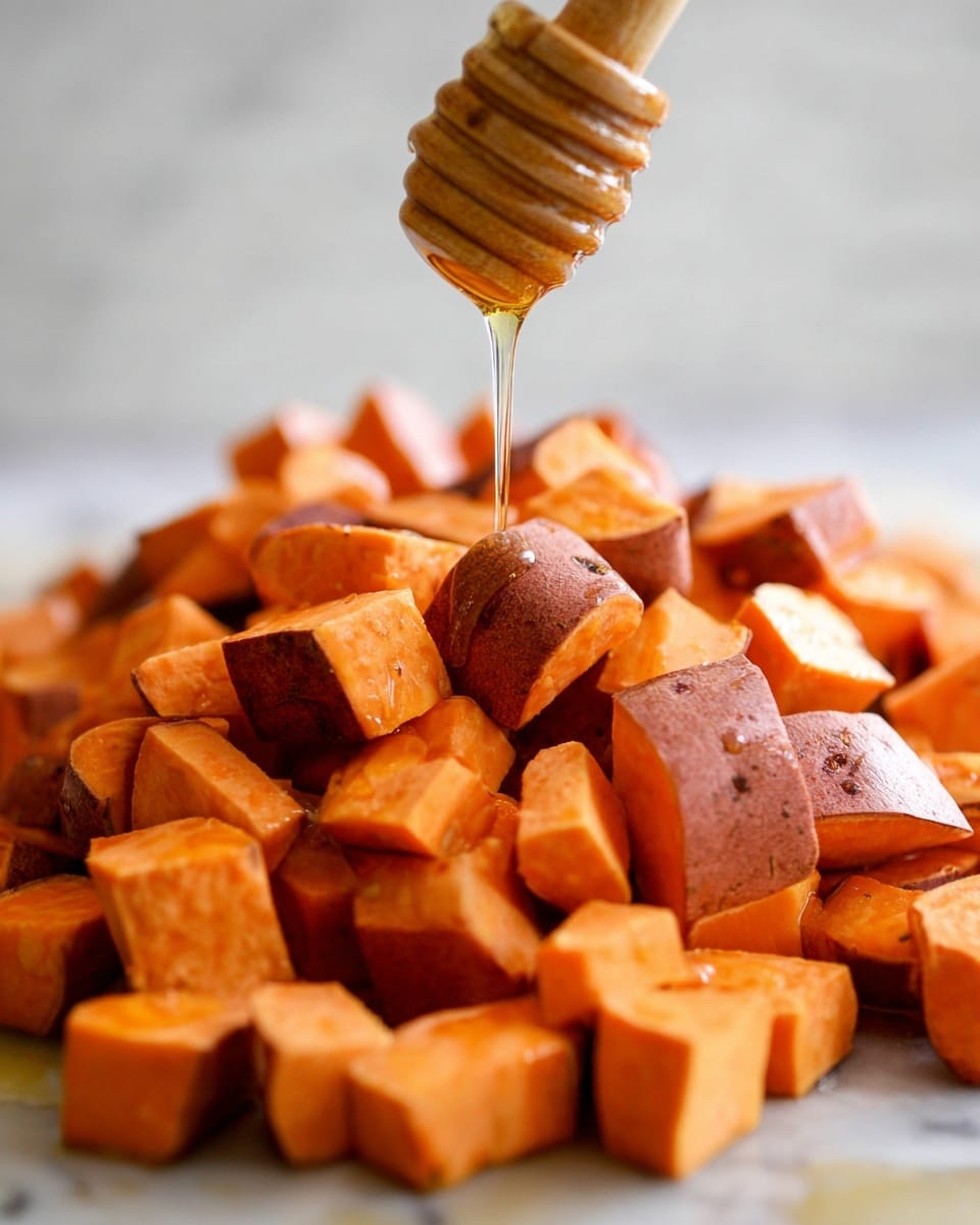 The image shows a close-up of many small orange sweet potato cubes with skin on some pieces, spread in a pile over a white marbled surface. Above the cubes, honey is slowly dripping from a wooden honey dipper onto the sweet potatoes, creating a shiny texture on the cubes beneath the drop. The background is softly blurred with a clear focus on the sweet potatoes and honey drip, highlighting the rich orange and amber colors. photo taken with an iphone --ar 4:5 --v 7