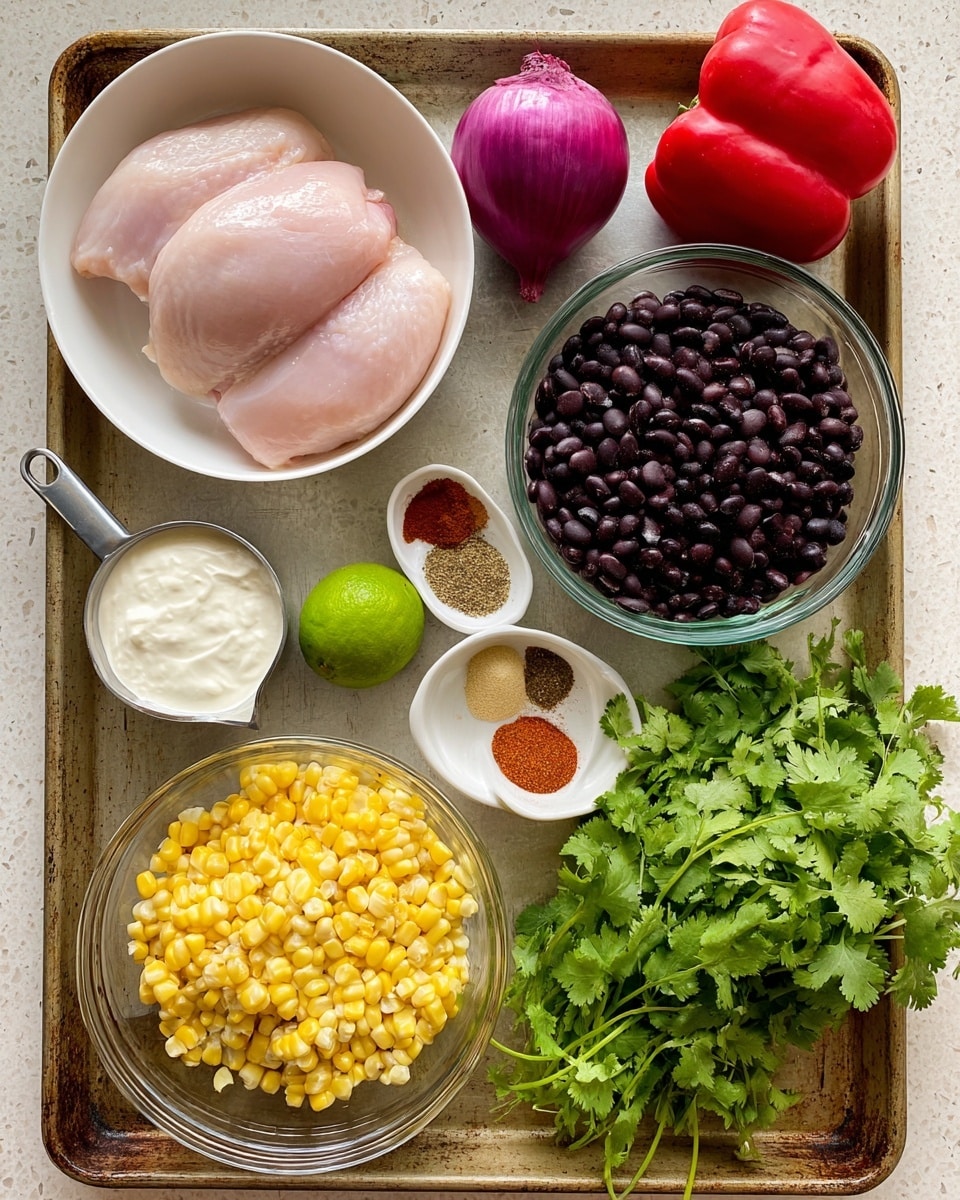 The image shows a white bowl at the top left with two raw chicken pieces that are light pink and smooth. Next to the bowl, a whole purple onion sits on the white marbled texture surface, alongside a bright green lime. A large red bell pepper lies to the right, below the lime and onion. Below the bowl, a clear glass bowl holds black beans that are shiny and round. Next to it, another clear glass bowl contains yellow grilled corn with small char marks. At the bottom left, there is a metal measuring cup filled with white sour cream, and beside it, a small white bowl with four sections of powdered spices in shades of red, brown, and orange. Lastly, a big bunch of fresh green cilantro fills the bottom right corner, all arranged on a rustic textured baking tray, photo taken with an iphone --ar 4:5 --v 7
