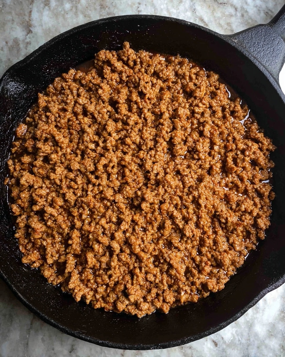 The dish shows one layer of cooked ground meat in a dark cast iron skillet. The meat is brown with small pieces visible throughout, having a slightly oily texture that glistens under the light. The skillet sits on a white marbled surface, highlighting the rich color of the meat. Photo taken with an iphone --ar 4:5 --v 7