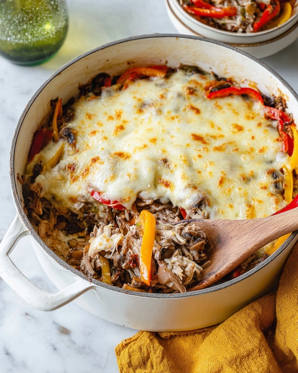 A white pot filled with a layered dish, the top layer is melted cheese with a light golden brown color, slightly bubbly and covering thin slices of red and yellow bell peppers visible underneath. Below the cheese, there are shredded pieces of cooked meat mixed with small brown mushrooms and slices of bell peppers in red, yellow, and orange. A wooden spoon is scooping out a portion from the right side, showing the layered texture inside. The pot is placed on a white marbled surface with a yellow cloth nearby and a green glass with bubbles and another bowl of food blurred in the background. Photo taken with an iphone --ar 4:5 --v 7