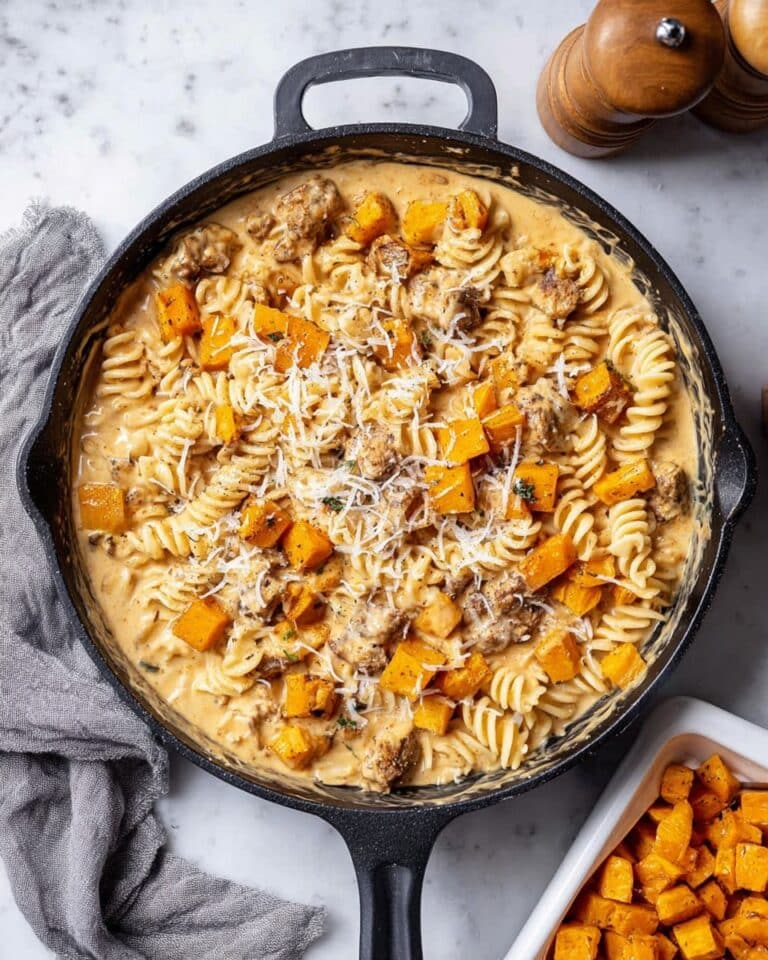 Ground Beef and Roasted Butternut Squash Pasta with Creamy Cheese Sauce Recipe