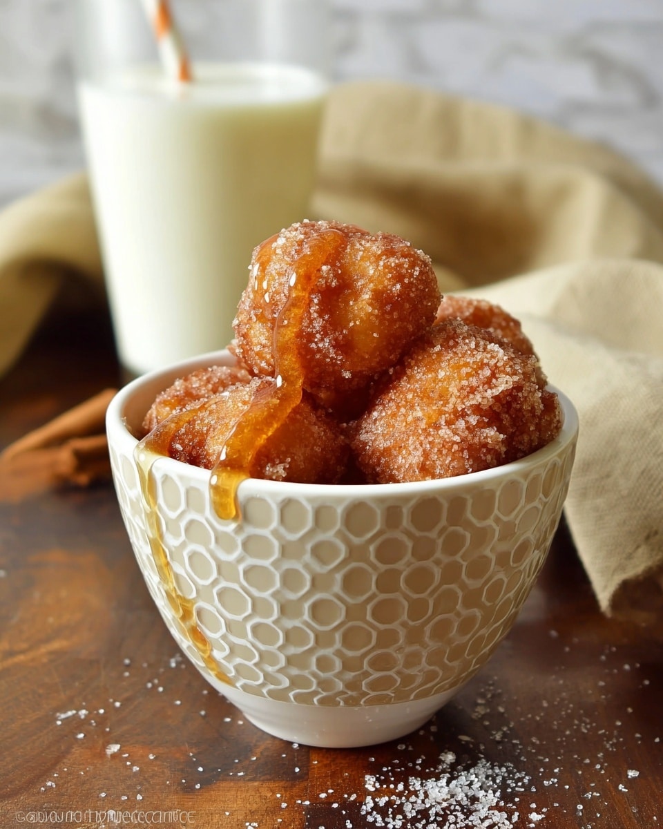 A small white bowl with a honeycomb pattern is filled with five golden-brown fried dough balls covered in sugar. Some dough balls have a shiny sticky syrup dripping down their sides. The bowl sits on a wooden surface with some sugar granules scattered nearby. In the background, there is a blurry tall glass of milk and beige cloth pieces on a white marbled texture. The photo taken with an iphone --ar 4:5 --v 7