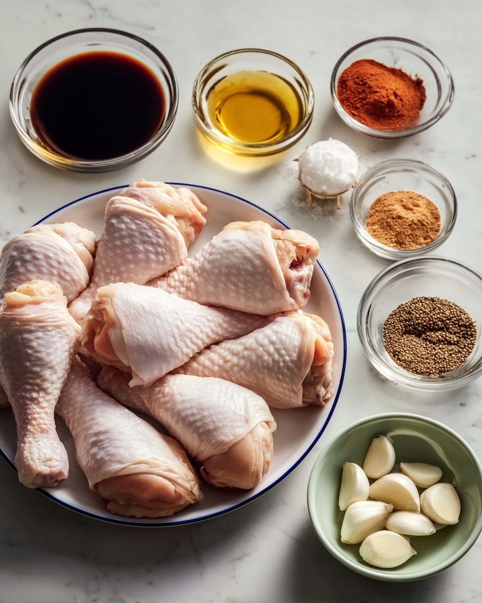 The image shows a white plate with a blue rim filled with seven raw chicken drumsticks, pale pink with light skin texture. Around the plate are small clear glass bowls holding various ingredients: one with dark soy sauce, one with light golden oil, one with a thick dark reddish sauce, one with a reddish brown powder, one with a light brown powder, one with mixed peppercorns, and one with white salt crystals. There is also a pale green small bowl containing four whole garlic cloves and another small bowl with several peeled garlic cloves. The items are set on a white marbled surface. Photo taken with an iphone --ar 4:5 --v 7