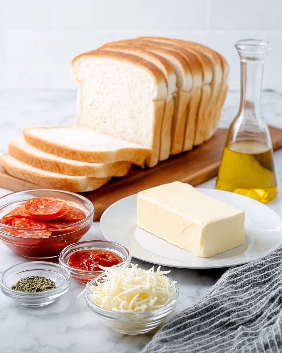 The image shows several slices of white bread stacked neatly on a wooden cutting board in the background. In the foreground, on a white plate, there is a solid block of butter. Next to it are small clear glass bowls with red pepperoni slices, shredded mozzarella cheese, and red tomato sauce, all placed on a white marbled surface. There is also a small dish with green dried herbs and a clear glass jar filled with golden olive oil. A gray and white striped cloth is folded to the right side of the setup. photo taken with an iphone --ar 4:5 --v 7