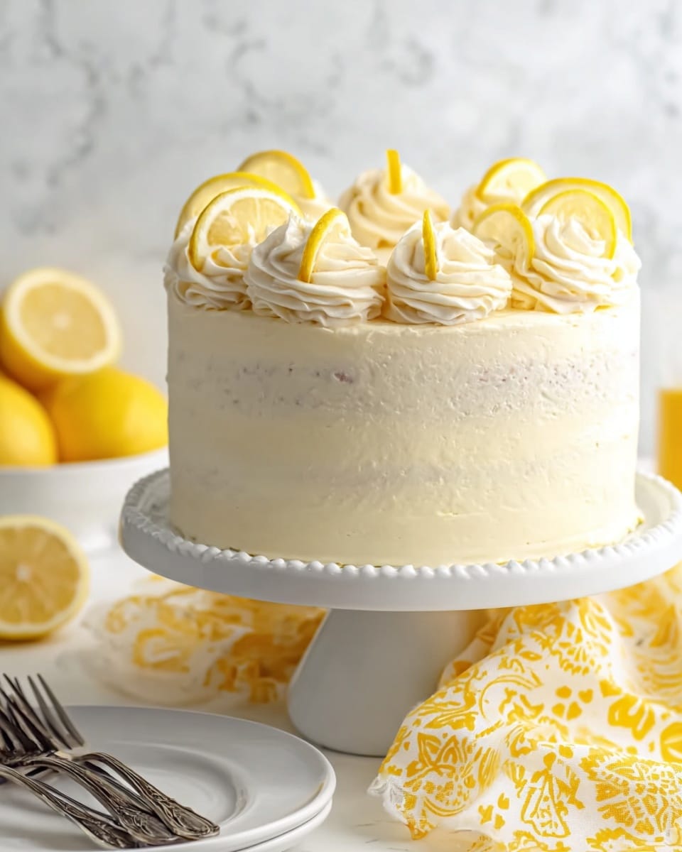 A two-layer round cake sits on a white cake stand with a slightly scalloped edge. The cake is covered with smooth, creamy pale yellow frosting that has a soft, slightly textured finish. On top, there are swirls of white cream evenly spaced around the edge, each topped with a thin, bright yellow lemon slice placed vertically. The background and surface are white marbled texture, with a yellow and white patterned cloth draped casually at the base of the stand. In the background, there are blurred yellow lemons and a white plate with silver forks nearby. Photo taken with an iphone --ar 4:5 --v 7