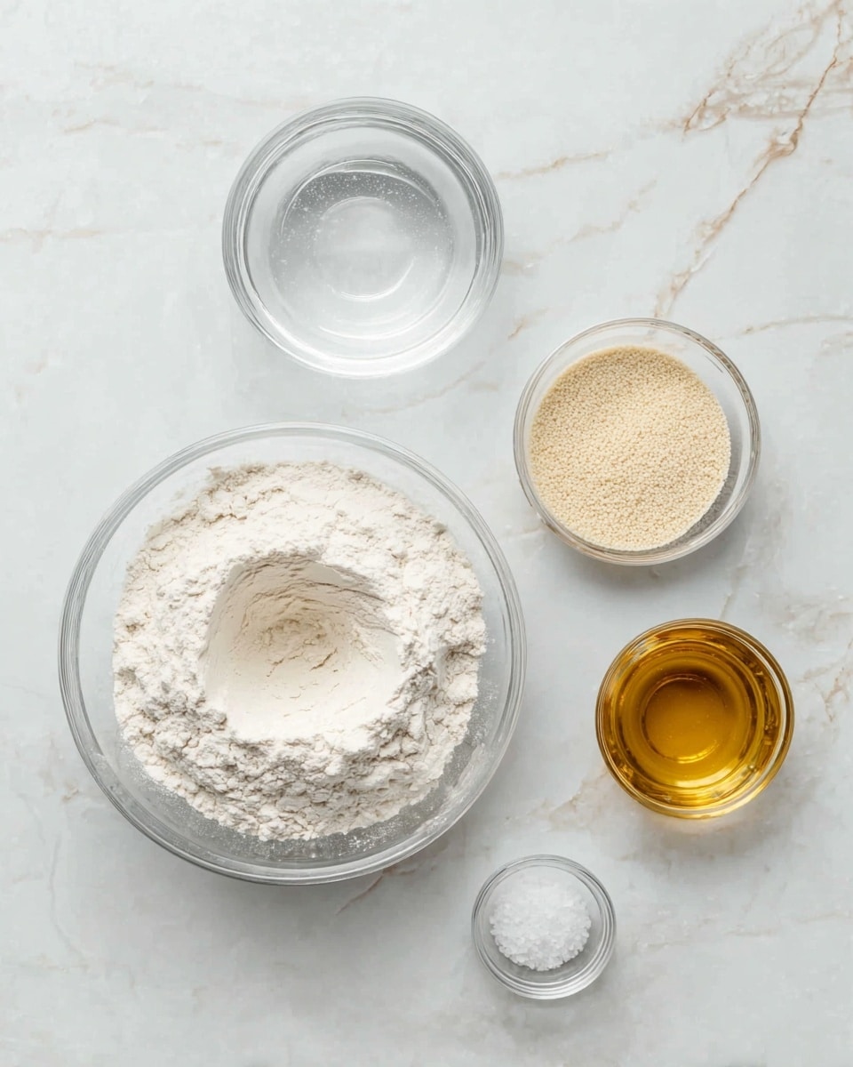 A top view of five clear glass bowls arranged on a white marbled surface, each holding different baking ingredients. The largest bowl in the center contains a heap of white flour with a small indentation in the middle. To the upper left of the flour, a medium bowl filled with clear water. Directly above the flour, a small bowl holds light beige yeast granules. To the right of the yeast, another small bowl contains a golden liquid, likely oil or honey. Below the water bowl, a very small bowl holds fine white salt. The scene is bright and clean, showing all ingredients neatly placed and ready for baking. photo taken with an iphone --ar 4:5 --v 7