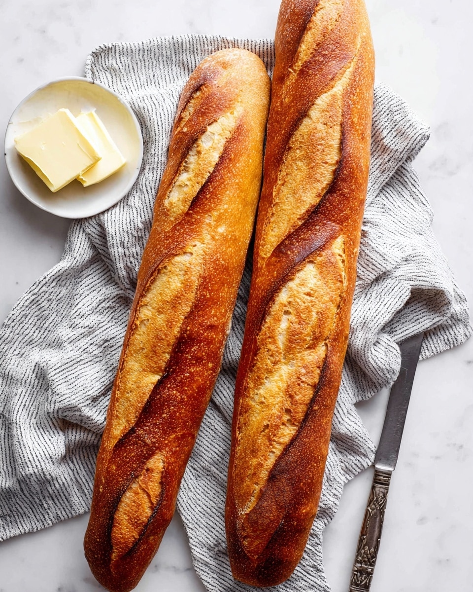 Two long golden brown baguettes with a crispy textured crust lie side by side on a white and gray striped kitchen towel, which is placed on a white marbled surface. The bread shows deep caramelized slashes across the top, giving it a rustic appearance. To the left of the baguettes, there is a small white bowl filled with pale creamy butter and a vintage silver knife resting beside it. The overall scene is bright and clean, highlighting the warm color and crusty texture of the bread. photo taken with an iphone --ar 4:5 --v 7