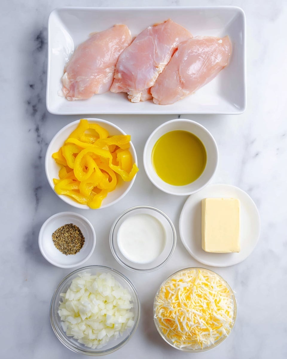 A white rectangular dish at the top holds two raw light pink pieces of chicken. Below it, three small white bowls are arranged side by side: the left one contains bright yellow sliced peppers, the middle one holds golden yellow oil, and the right one has white cream. Below these, a small white bowl on the left is filled with small white diced onions, next to it on the right is a clear bowl with shredded pale yellow cheese. At the bottom left, a small white dish contains salt and black pepper, to its right is another small white dish with a yellow garlic paste. A rectangular stick of butter with blue text lies horizontally at the bottom center. All items rest on a white marbled surface. Photo taken with an iphone --ar 4:5 --v 7