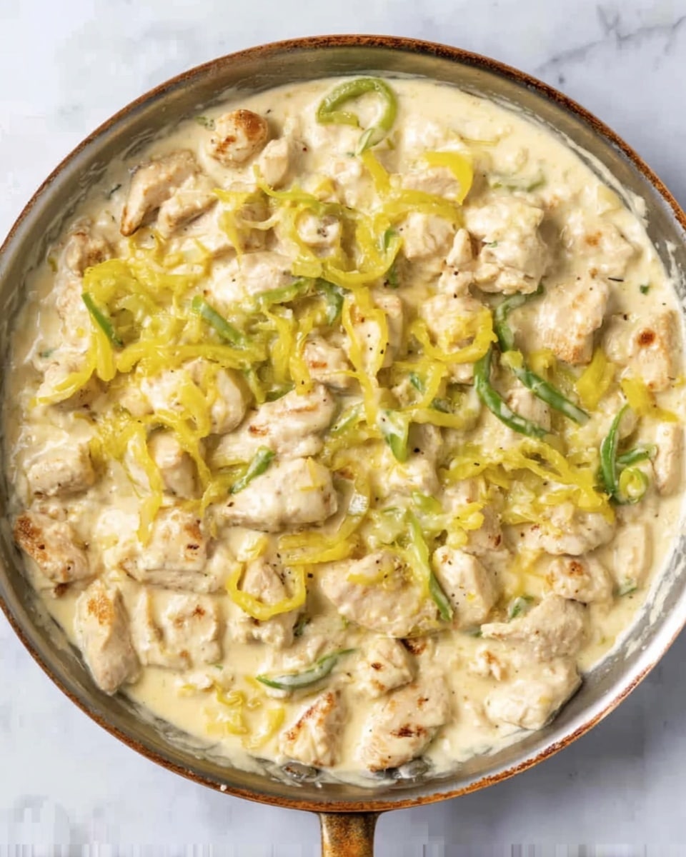 The image shows a pan filled with a creamy dish. The bottom layer consists of slightly browned pieces of white meat scattered across the pan. Mixed within and on top of this are thin slices of green-yellow peppers. The creamy sauce coats all the ingredients with a smooth, pale light yellowish color and a slightly thick texture. The pan has a metallic rim and is placed on a white marbled surface. Photo taken with an iphone --ar 4:5 --v 7
