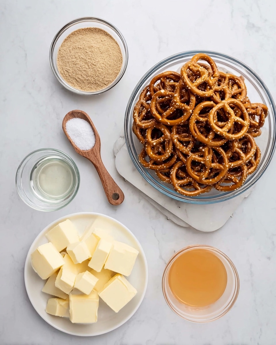A top view of six clear glass bowls and a white plate on a white marbled surface, showing cooking ingredients. The largest bowl is full of salted pretzels, golden brown and shiny. To the top left is a smaller bowl filled with a light brown powder. Below it is a white plate holding around eight thick cubes of pale yellow butter. Near the center is a small clear glass bowl with clear liquid. Above it is a white bowl with a light orange liquid. At the top center is a wooden measuring spoon with white granules inside. photo taken with an iphone --ar 4:5 --v 7