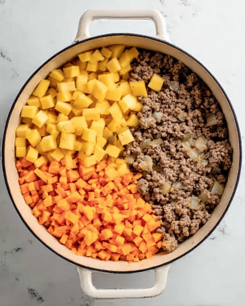 Top view of a white enamel pot filled with three clear layers of ingredients. The bottom right side is filled with cooked minced meat mixed with small bits of onion, showing a brown and light beige texture. The top left side has small yellow cubes, likely potatoes or squash, neatly piled. The bottom left side is filled with small bright orange cubes, probably carrots, in a compact group. The pot handles are visible at top and bottom on a white marbled surface. photo taken with an iphone --ar 4:5 --v 7