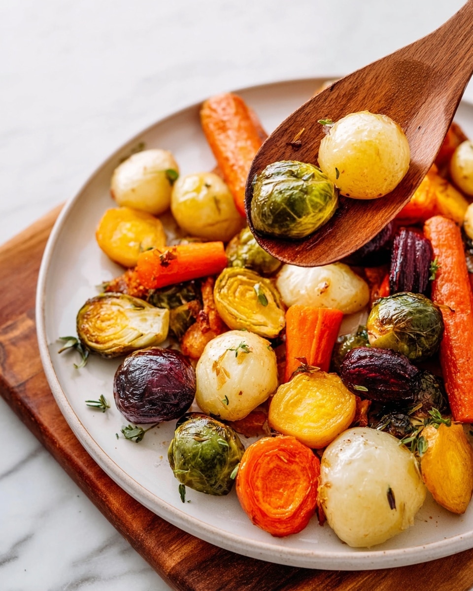 A white plate filled with roasted vegetables including round slices of orange, yellow, and purple carrots, whole glossy green Brussels sprouts, and round white potatoes with a slightly browned edge. The vegetables show a mix of soft and crispy textures with some herbs sprinkled on top. A wooden spoon holds a few pieces of the colorful vegetables in the upper right of the plate. The plate is on a wooden board with a white marbled surface visible in the background. photo taken with an iphone --ar 4:5 --v 7