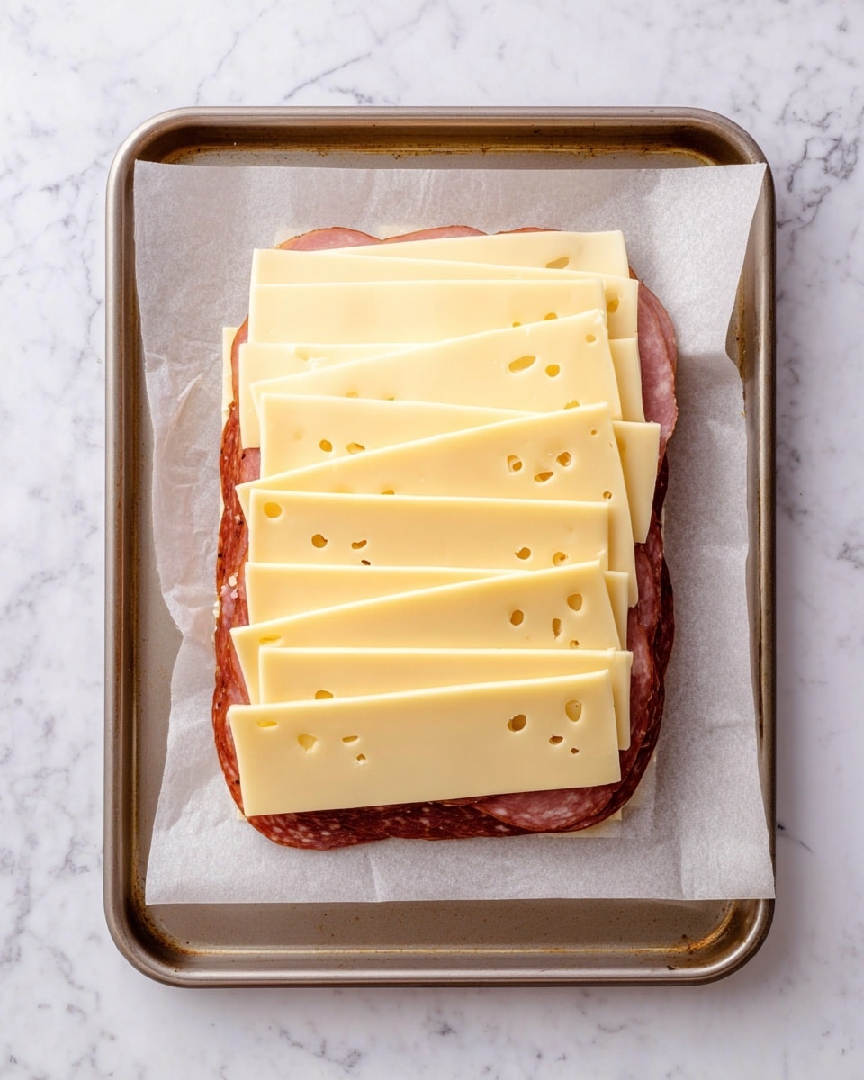 The image shows a square layered food item on a baking tray lined with parchment paper, placed on a white marbled texture surface. The bottom layer is a thick piece of cooked ham with a reddish-brown smooth texture. On top, there are two rows of thinly sliced pale yellow cheese arranged in a slightly overlapping pattern, with small holes and smooth surfaces. The cheese slices cover most of the ham layer, creating a neat two-layer stack. Photo taken with an iphone --ar 4:5 --v 7