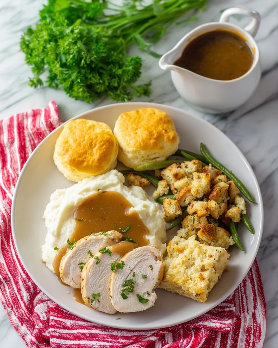On a white plate, there are two thick slices of light brown cooked chicken in the bottom left corner, topped with brown gravy and small bits of green herb. Above the chicken is a scoop of creamy white mashed potatoes with a pool of brown gravy in the center. To the right of the mashed potatoes, there is a small yellowish biscuit with a soft texture. Below the biscuit, on the right edge of the plate, is a portion of green beans mixed with crispy yellow-brown stuffing. In the background, there is a white ramekin filled with dark brown gravy and a small bunch of fresh green parsley, all resting on a red and white striped cloth on a white marbled surface. Two more yellow biscuits are placed behind the plate photo taken with an iphone --ar 4:5 --v 7